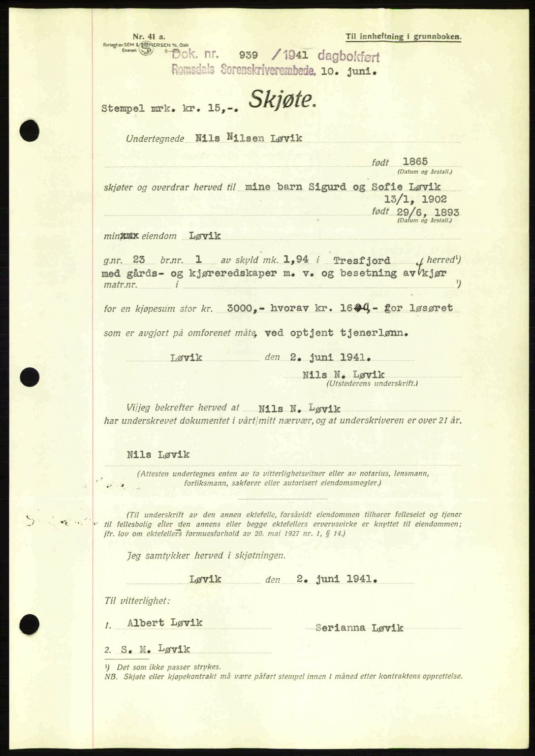 Romsdal sorenskriveri, AV/SAT-A-4149/1/2/2C: Mortgage book no. A10, 1941-1941, Diary no: : 939/1941