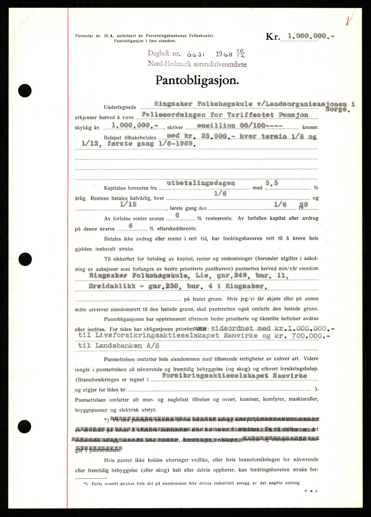 Nord-Hedmark sorenskriveri, SAH/TING-012/H/Hb/Hbf/L0077: Mortgage book no. B77, 1968-1969, Diary no: : 6631/1968
