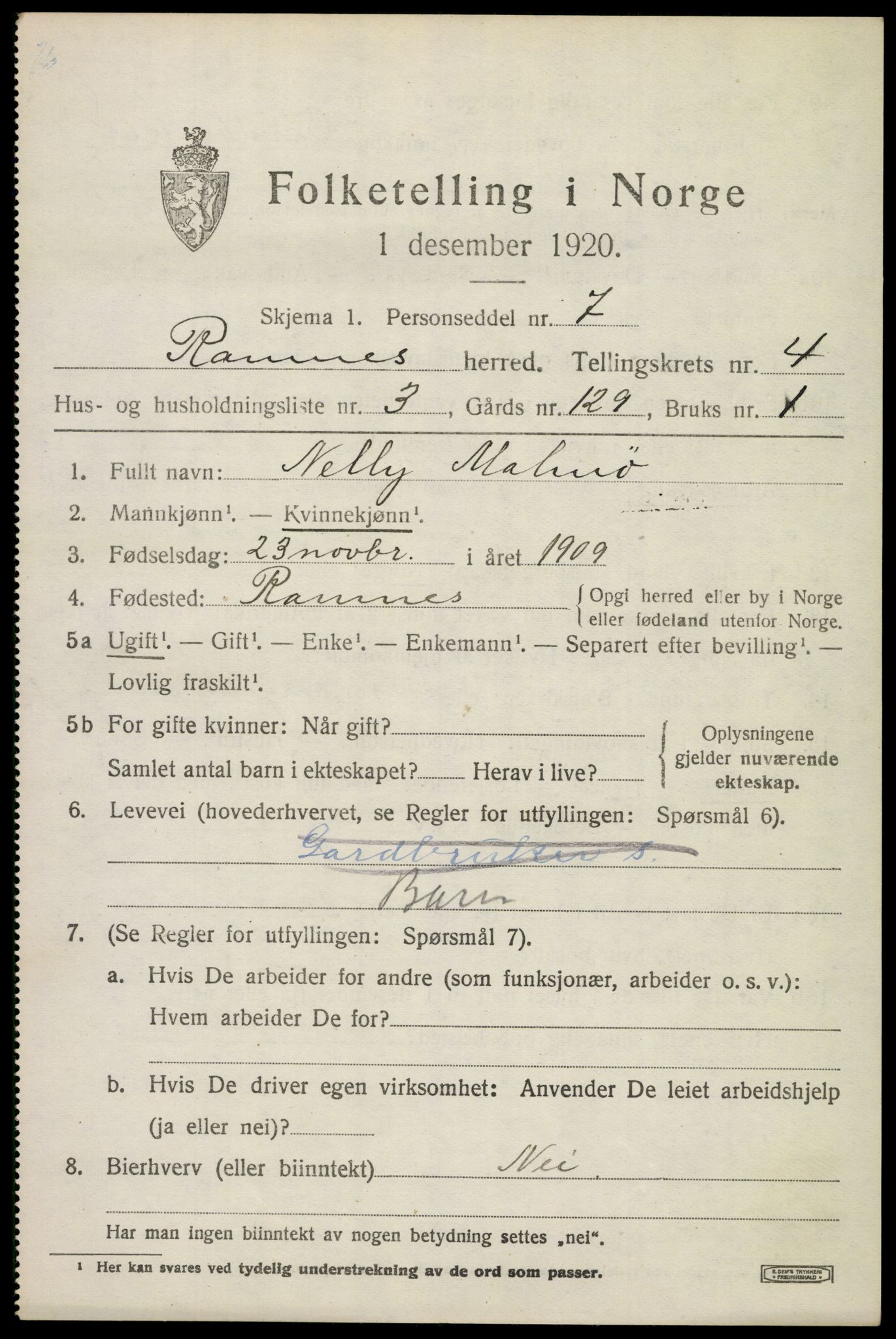 SAKO, 1920 census for Ramnes, 1920, p. 4356