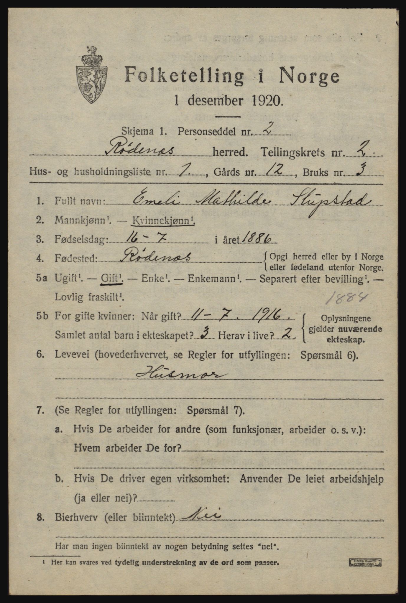 SAO, 1920 census for Rødenes, 1920, p. 1098