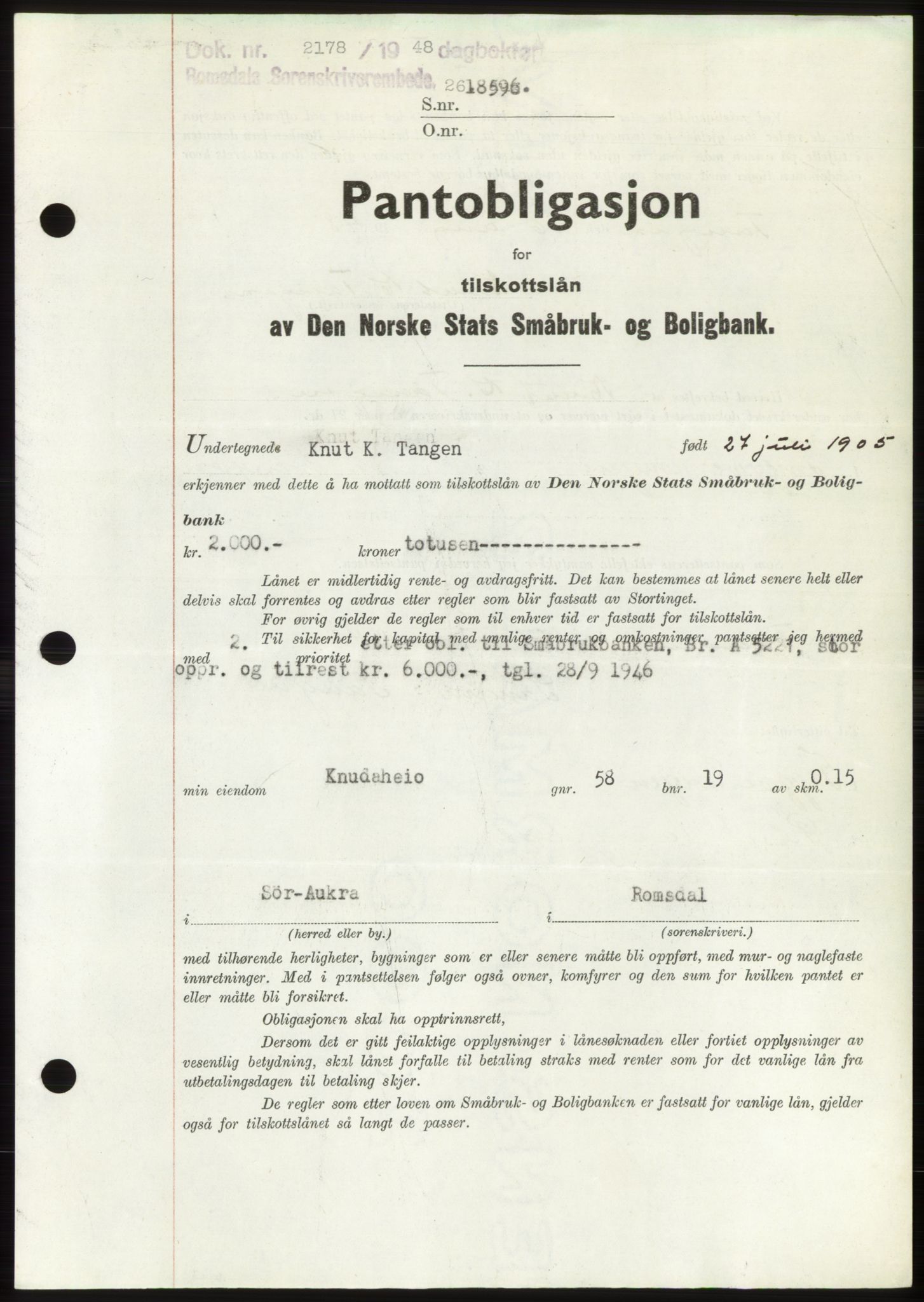 Romsdal sorenskriveri, AV/SAT-A-4149/1/2/2C: Mortgage book no. B4, 1948-1949, Diary no: : 2178/1948