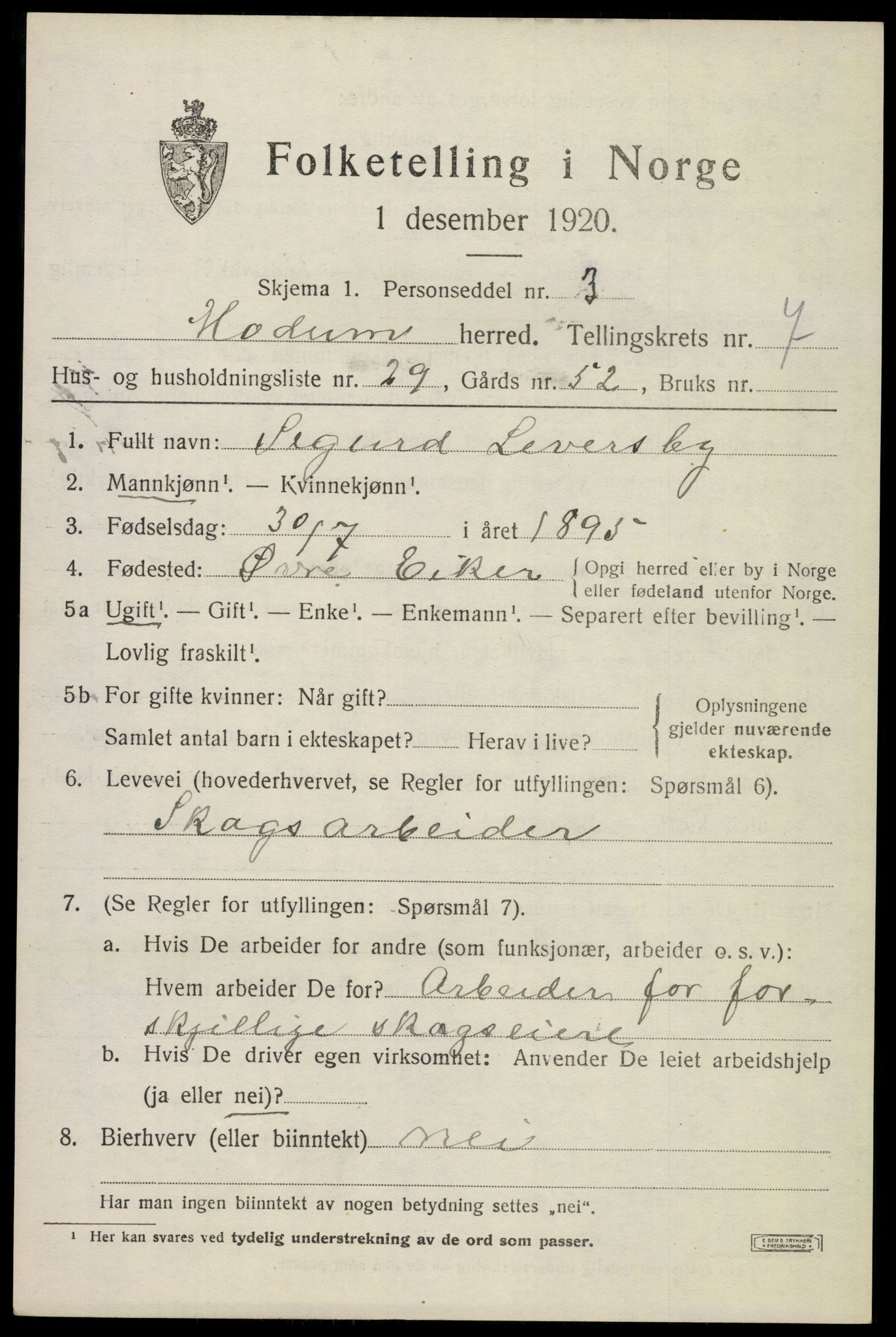 SAKO, 1920 census for Modum, 1920, p. 10011