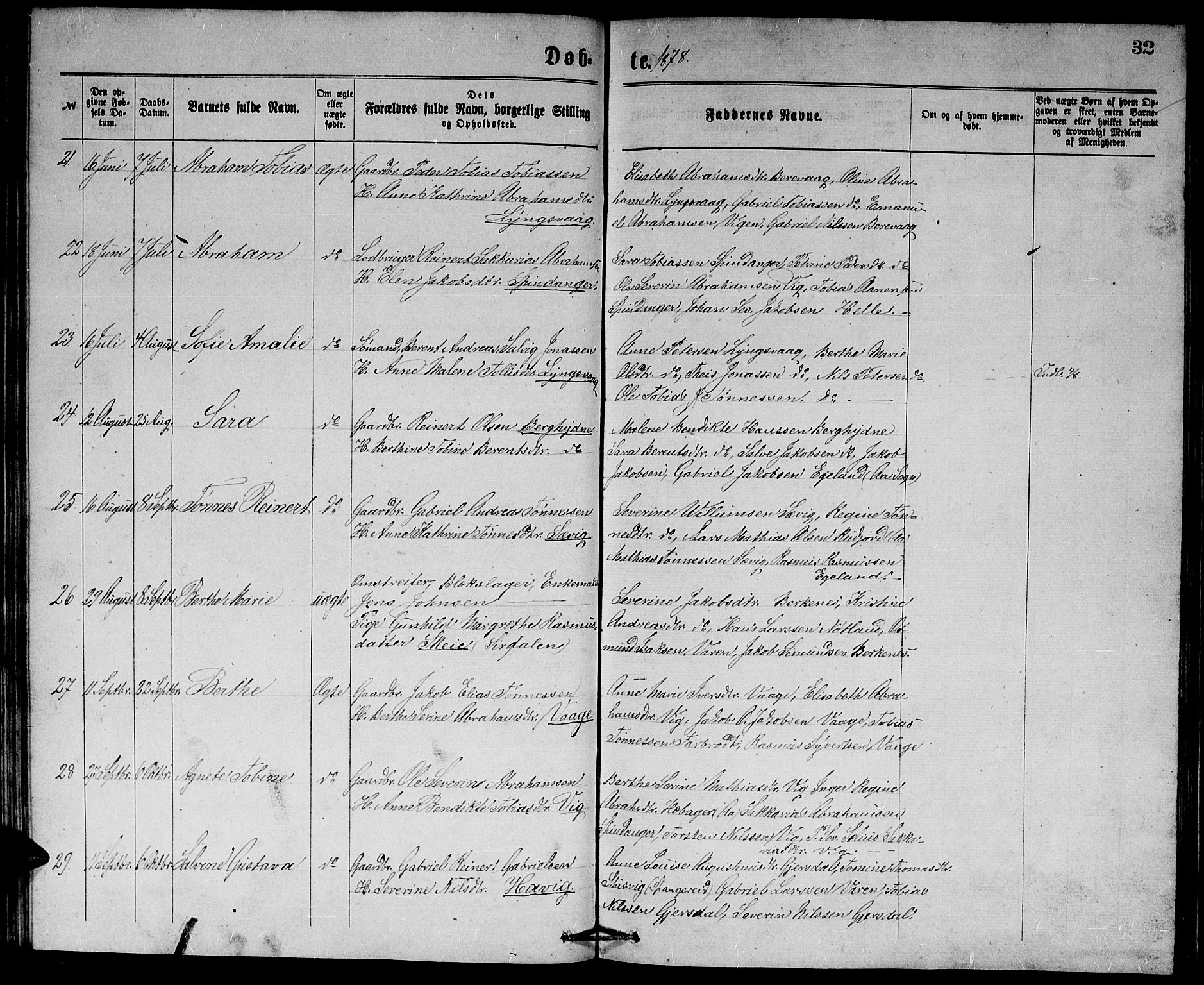 Herad sokneprestkontor, AV/SAK-1111-0018/F/Fb/Fbb/L0003: Parish register (copy) no. B 3, 1872-1889, p. 32