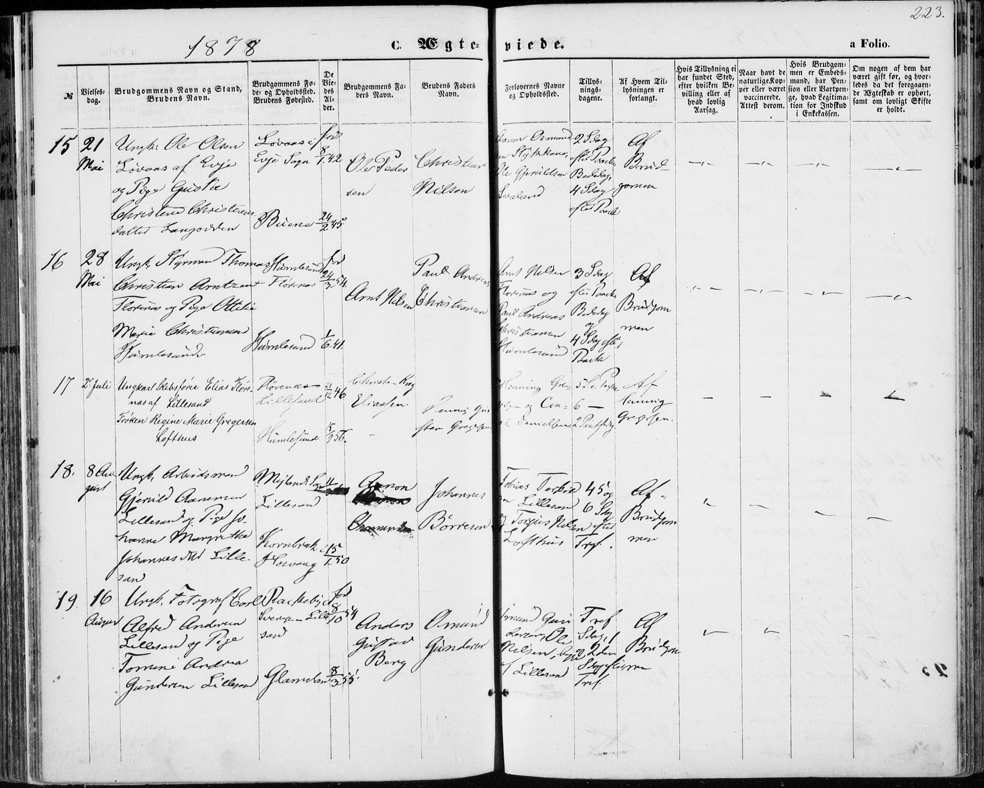 Vestre Moland sokneprestkontor, AV/SAK-1111-0046/F/Fa/Fab/L0008: Parish register (official) no. A 8, 1873-1883, p. 223