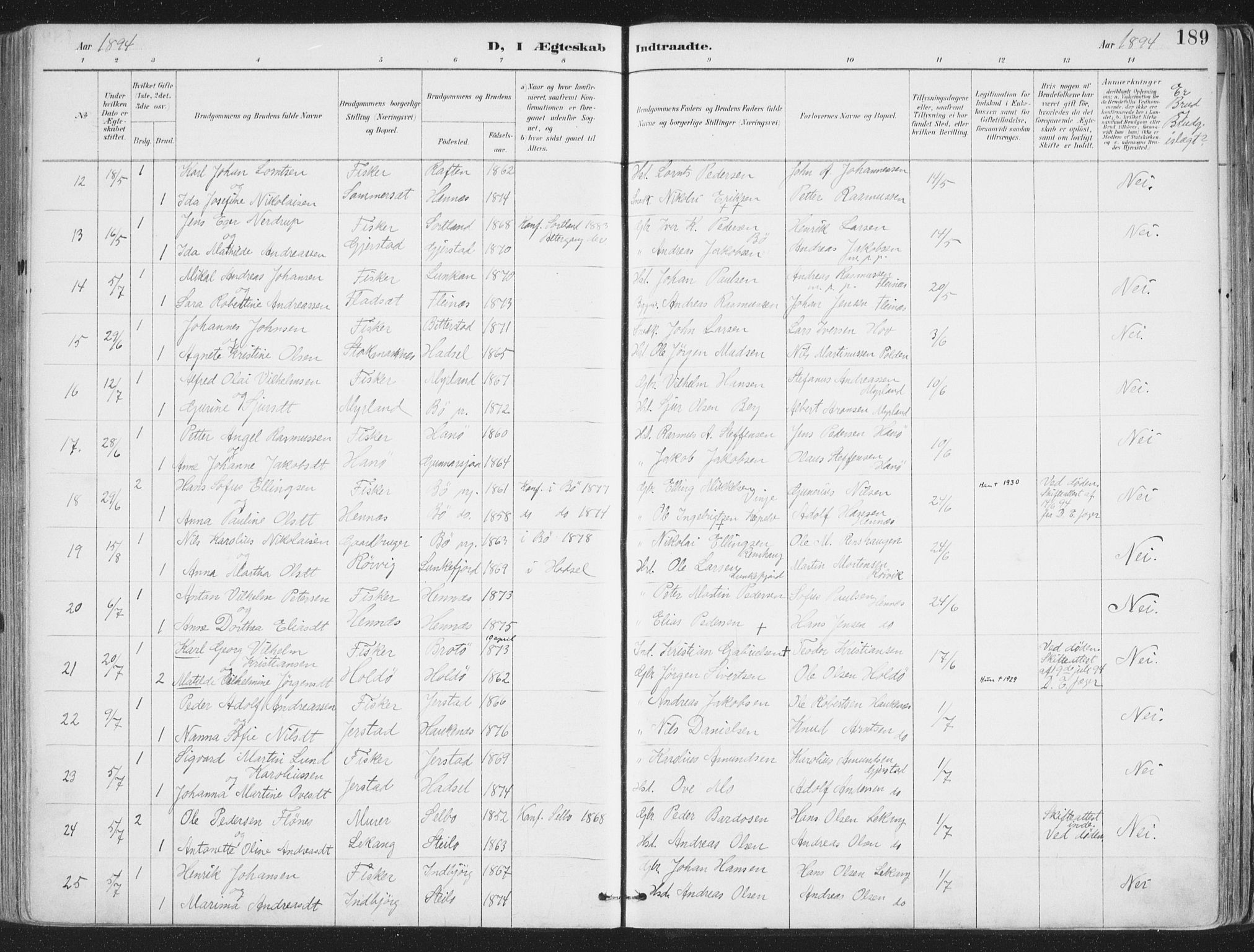 Ministerialprotokoller, klokkerbøker og fødselsregistre - Nordland, SAT/A-1459/888/L1246: Parish register (official) no. 888A12, 1891-1903, p. 189