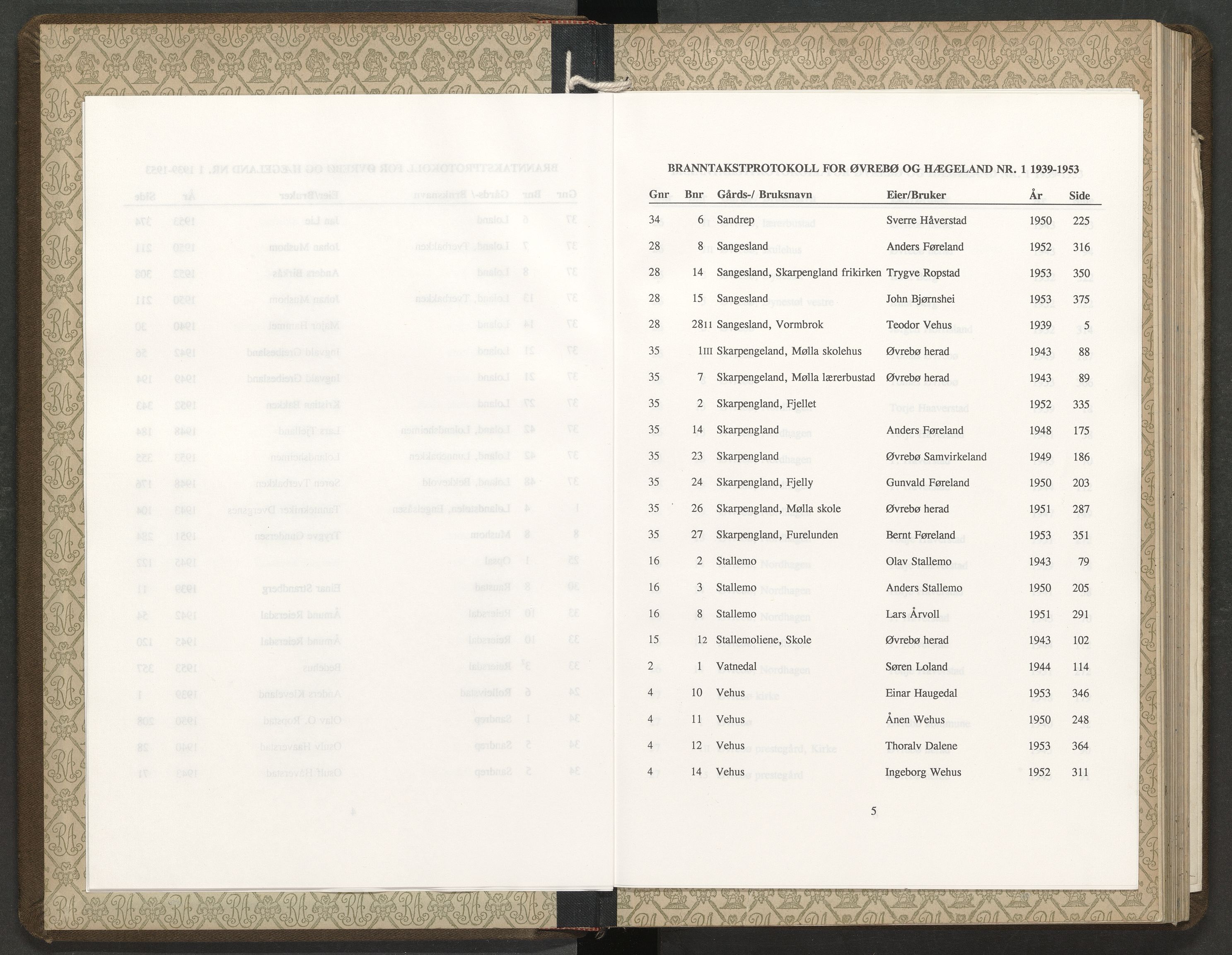 Norges Brannkasse Øvrebø og Hægeland, AV/SAK-2241-0058/F/Fa/L0001: Branntakstprotokoll nr. 1 med gårdsnavnregister, 1939-1953