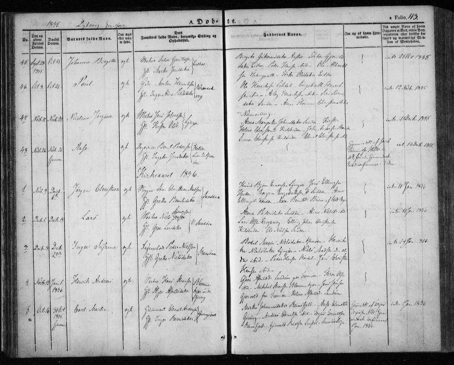Dypvåg sokneprestkontor, SAK/1111-0007/F/Fa/Faa/L0004: Parish register (official) no. A 4, 1824-1840, p. 43