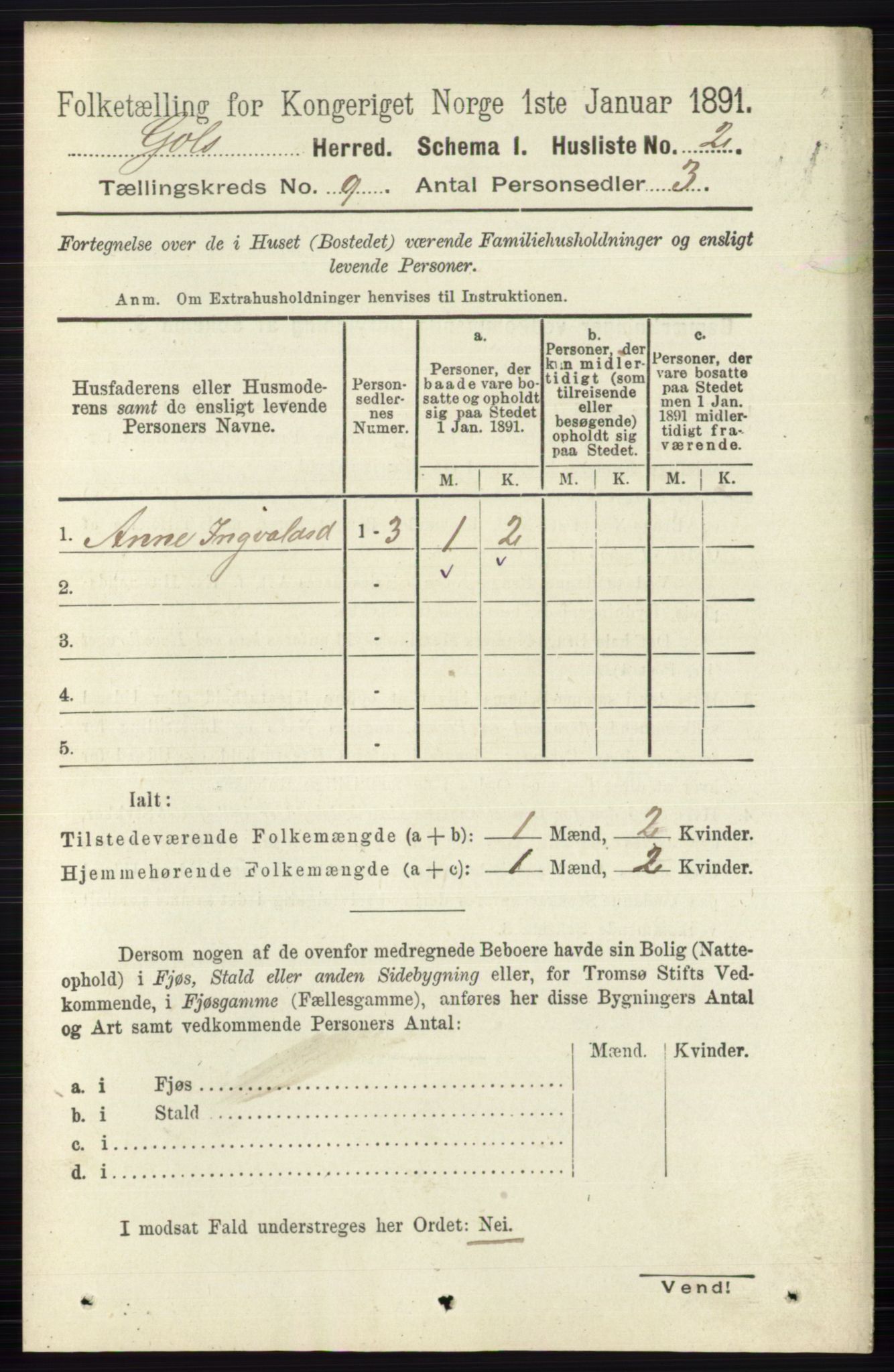 RA, 1891 census for 0617 Gol og Hemsedal, 1891, p. 3301