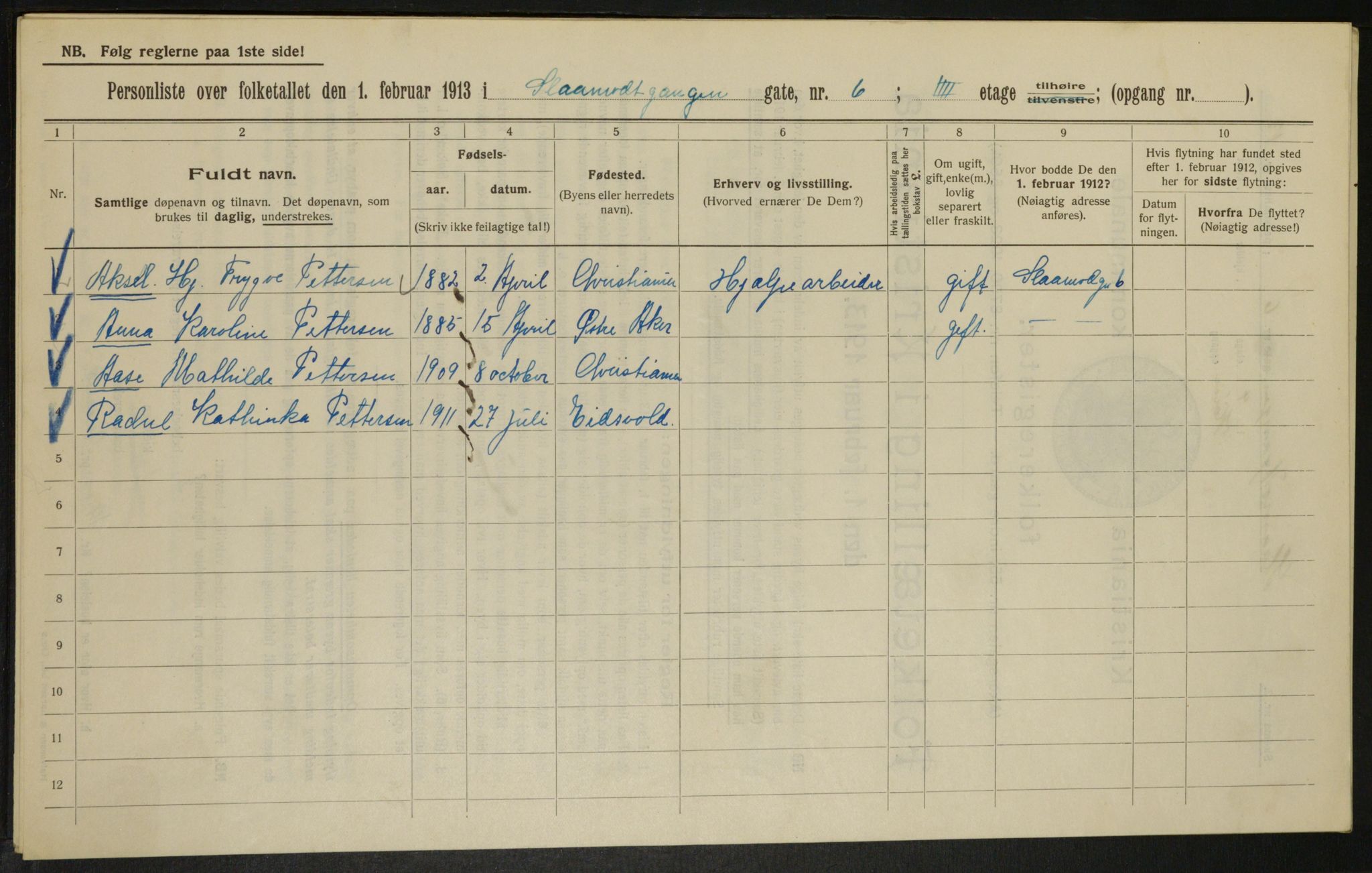 OBA, Municipal Census 1913 for Kristiania, 1913, p. 96956