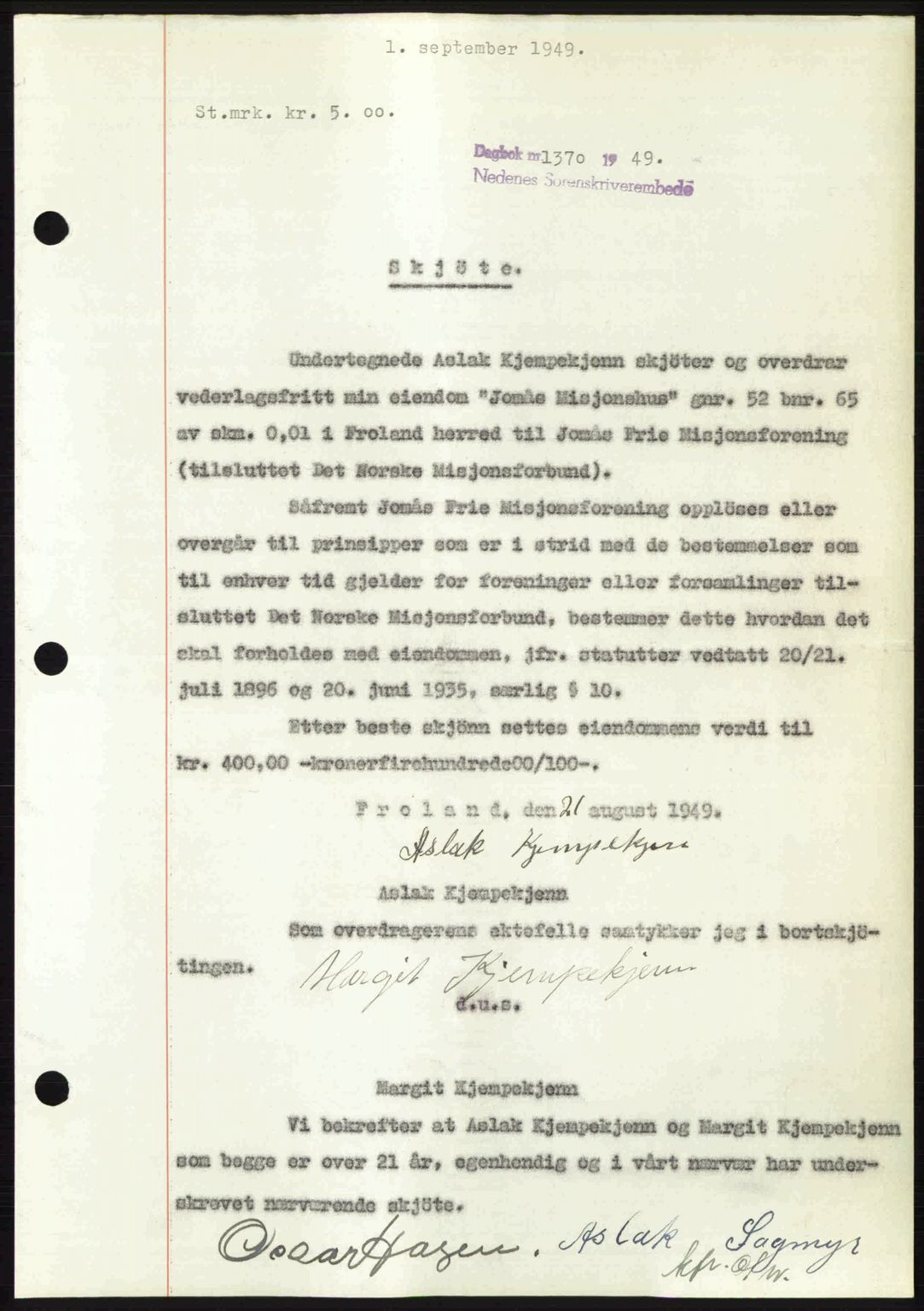 Nedenes sorenskriveri, SAK/1221-0006/G/Gb/Gba/L0061: Mortgage book no. A13, 1949-1949, Diary no: : 1370/1949