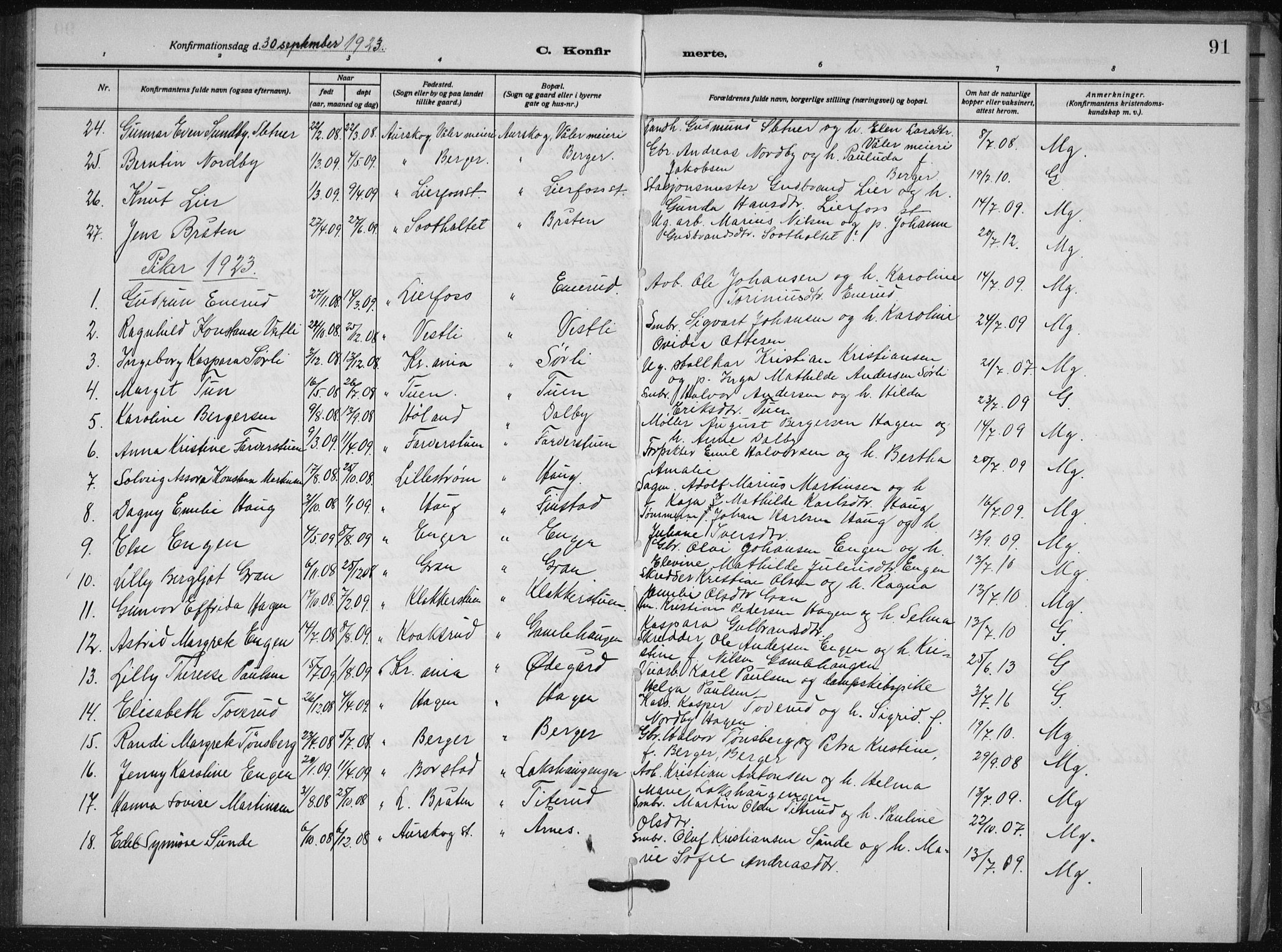 Aurskog prestekontor Kirkebøker, AV/SAO-A-10304a/G/Ga/L0006: Parish register (copy) no. I 6, 1923-1939, p. 91