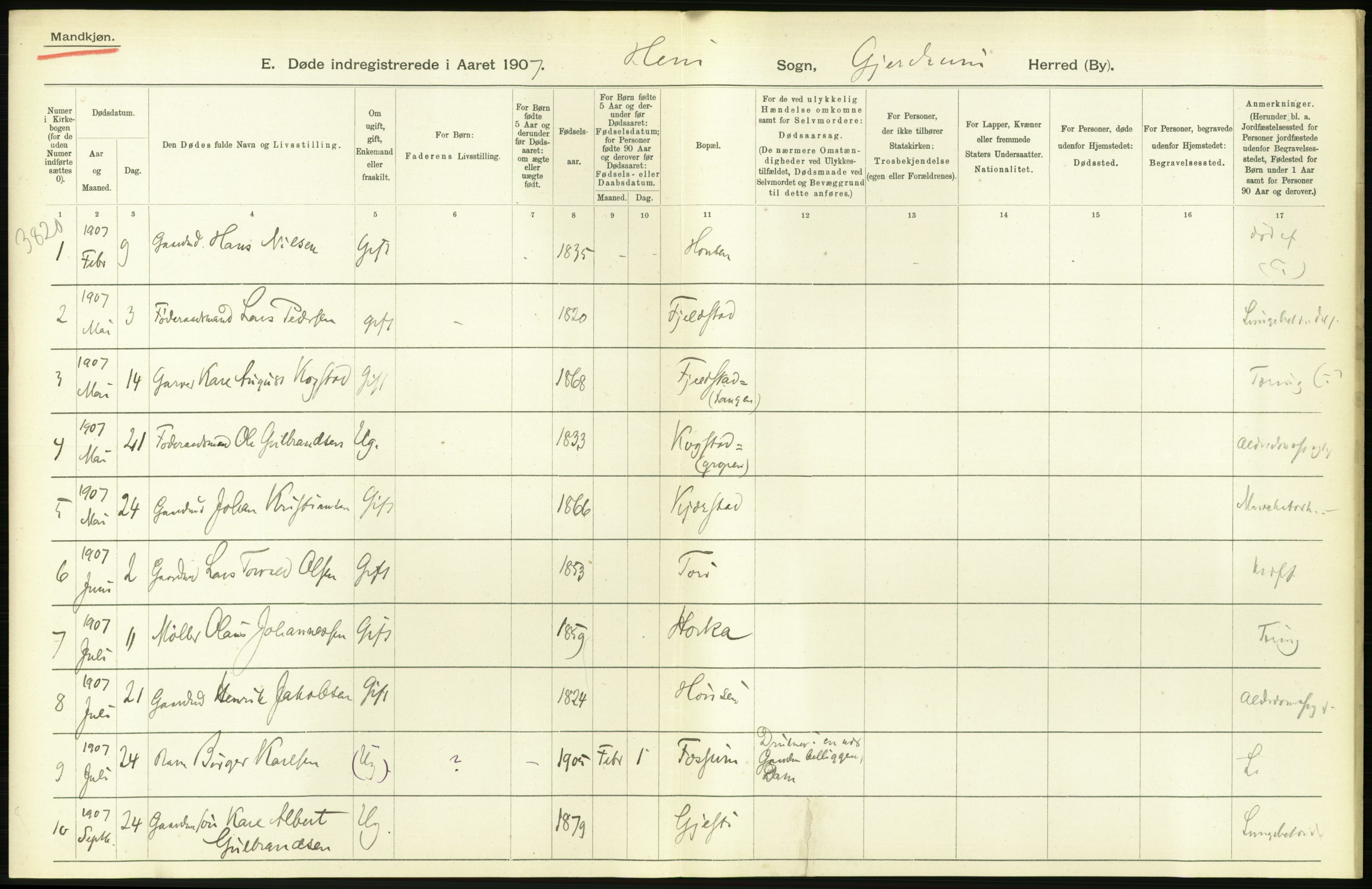 Statistisk sentralbyrå, Sosiodemografiske emner, Befolkning, RA/S-2228/D/Df/Dfa/Dfae/L0005: Akershus amt: Gifte, døde. Bygder og byer., 1907, p. 192