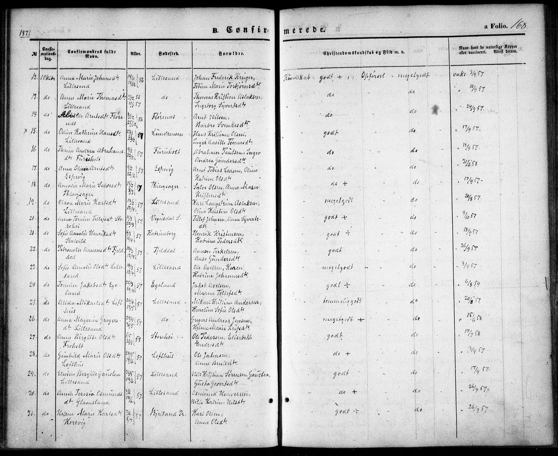 Vestre Moland sokneprestkontor, AV/SAK-1111-0046/F/Fa/Fab/L0007: Parish register (official) no. A 7, 1859-1872, p. 168