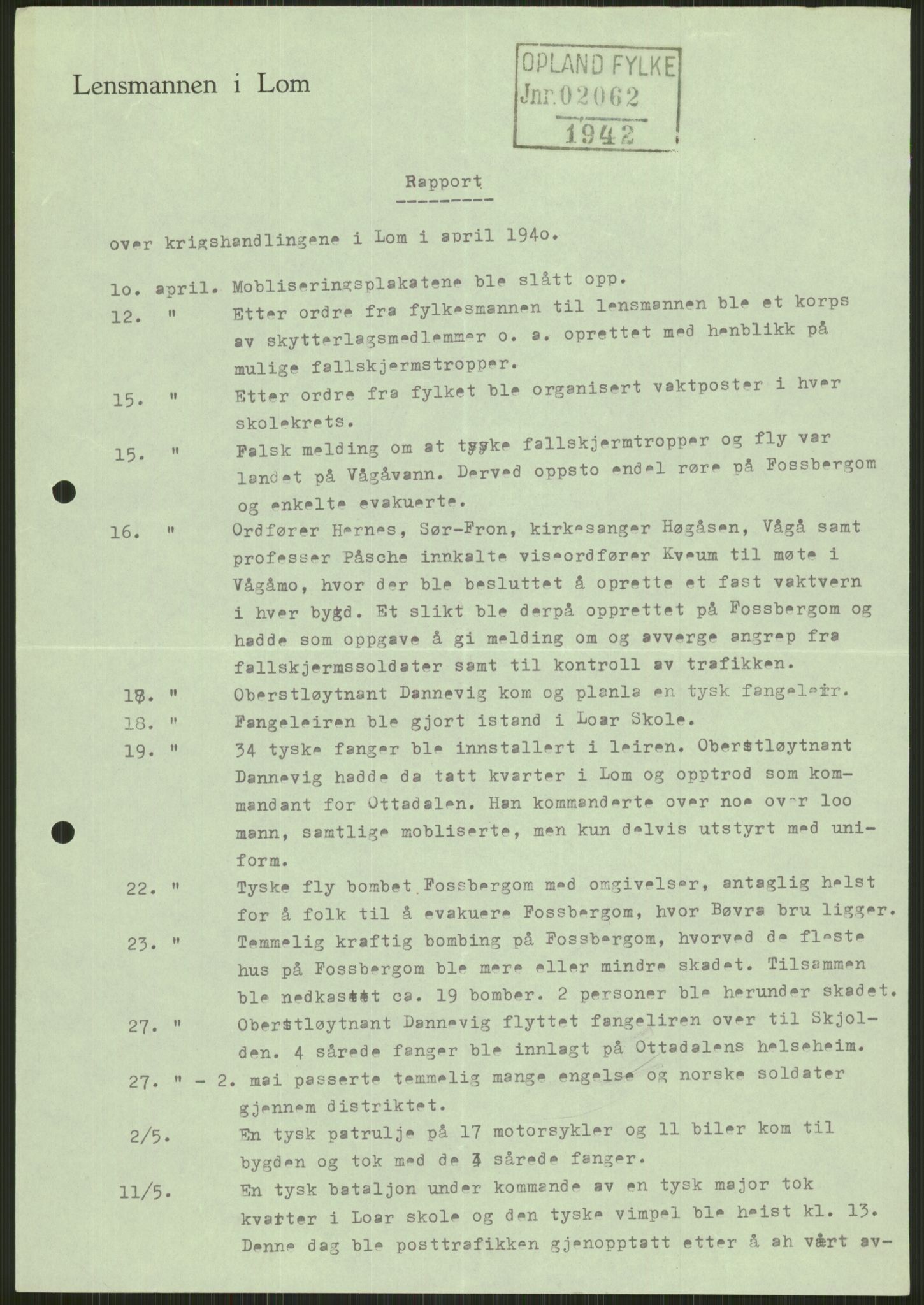 Forsvaret, Forsvarets krigshistoriske avdeling, AV/RA-RAFA-2017/Y/Ya/L0014: II-C-11-31 - Fylkesmenn.  Rapporter om krigsbegivenhetene 1940., 1940, p. 131