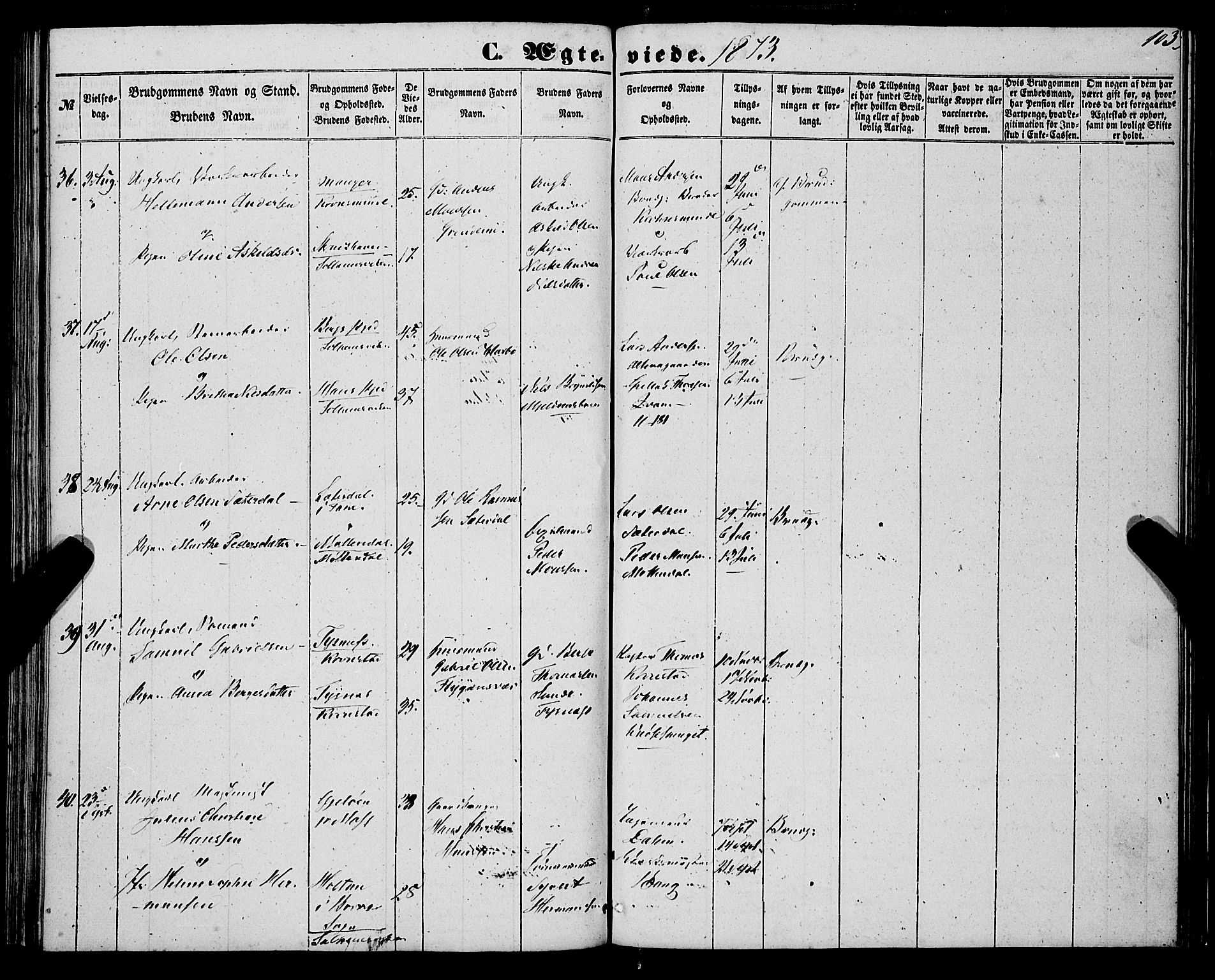 St. Jørgens hospital og Årstad sokneprestembete, AV/SAB-A-99934: Parish register (official) no. A 9, 1853-1878, p. 103