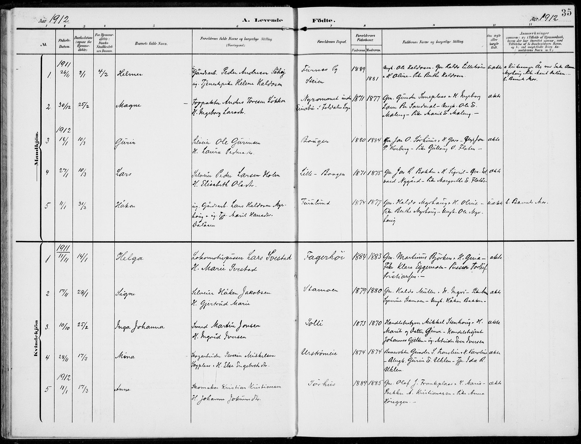 Alvdal prestekontor, AV/SAH-PREST-060/H/Ha/Haa/L0004: Parish register (official) no. 4, 1907-1919, p. 35