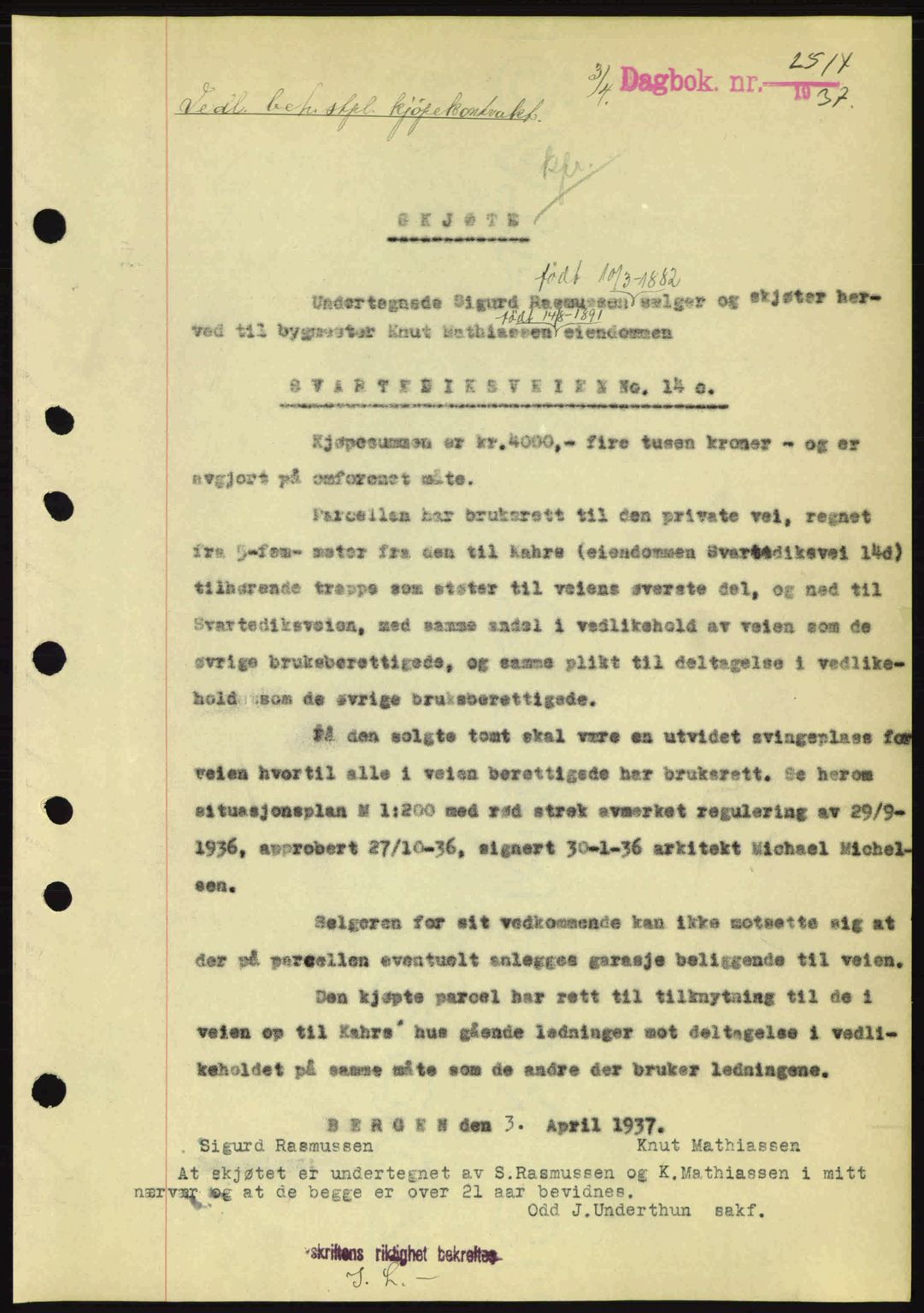 Byfogd og Byskriver i Bergen, SAB/A-3401/03/03Bc/L0004: Mortgage book no. A3-4, 1936-1937, Diary no: : 2514/1937