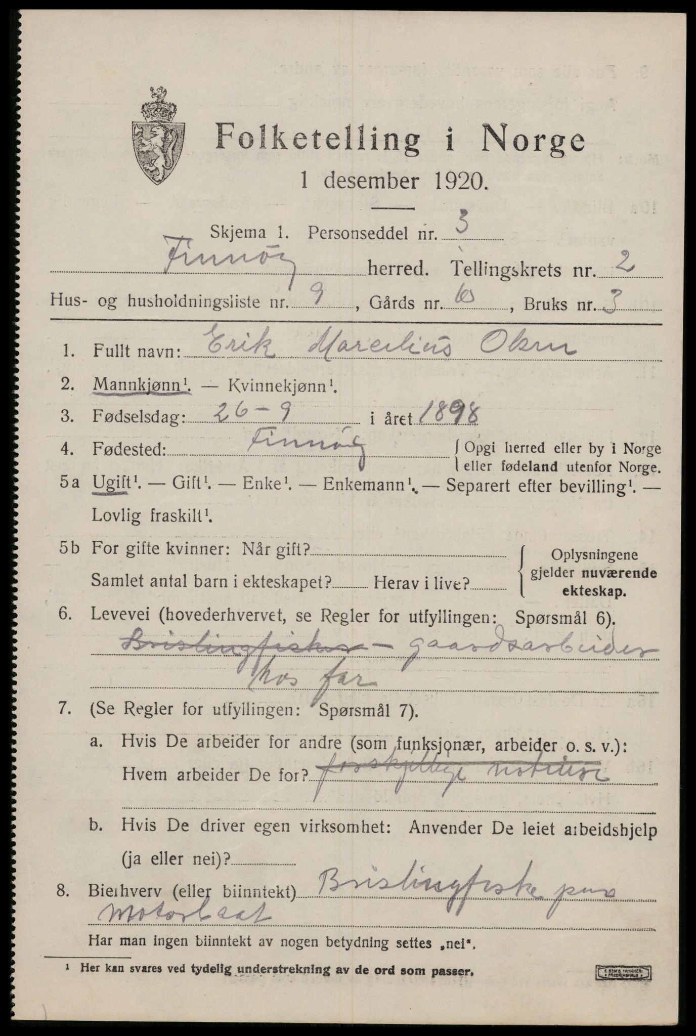 SAST, 1920 census for Finnøy, 1920, p. 1420