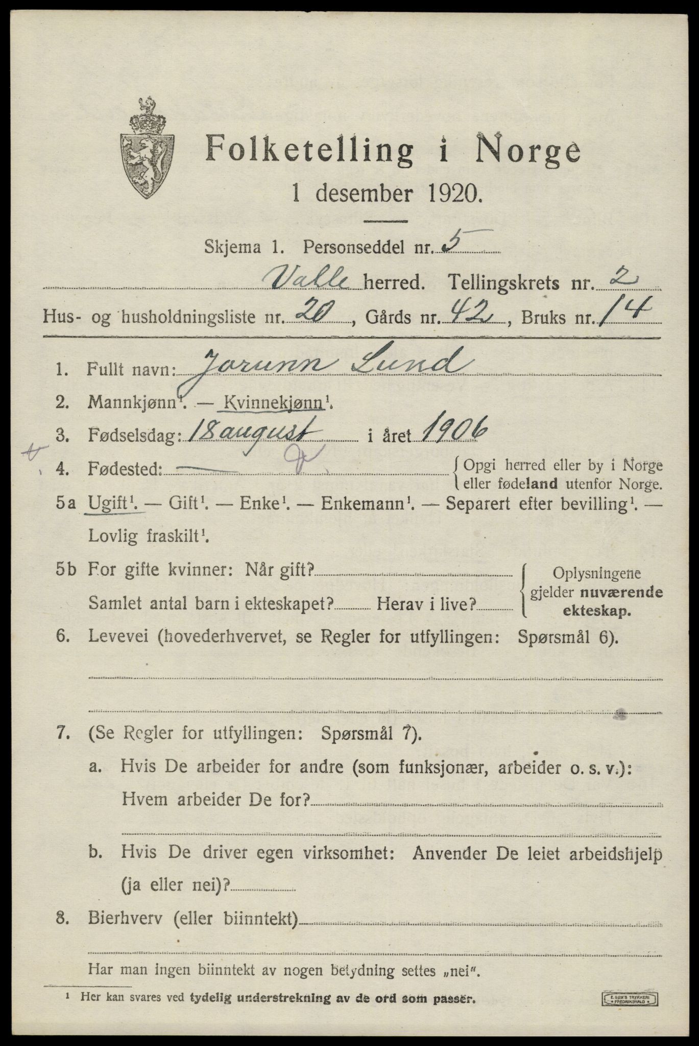 SAK, 1920 census for Valle, 1920, p. 1161