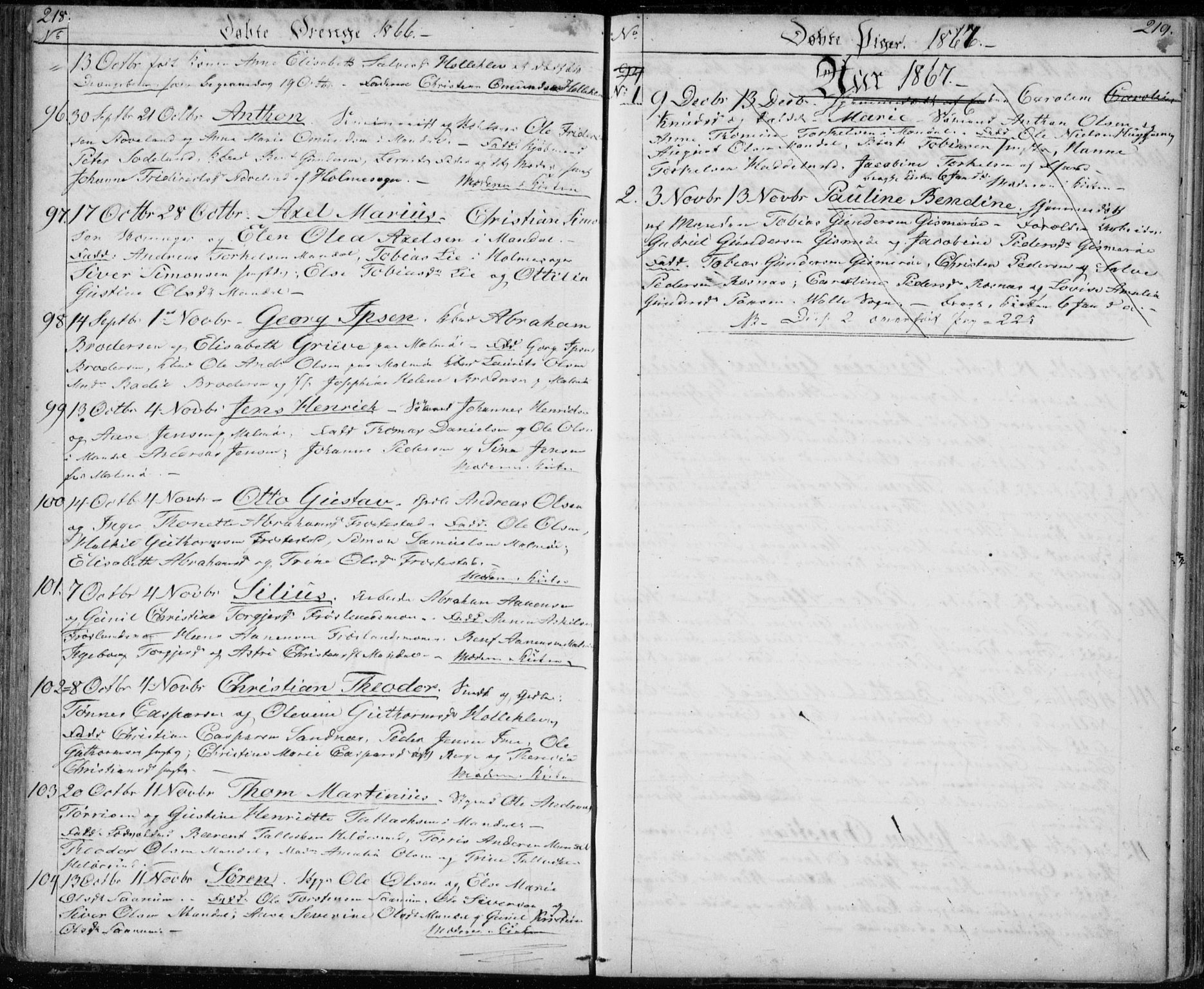 Mandal sokneprestkontor, AV/SAK-1111-0030/F/Fb/Fba/L0008: Parish register (copy) no. B 2, 1854-1868, p. 218-219