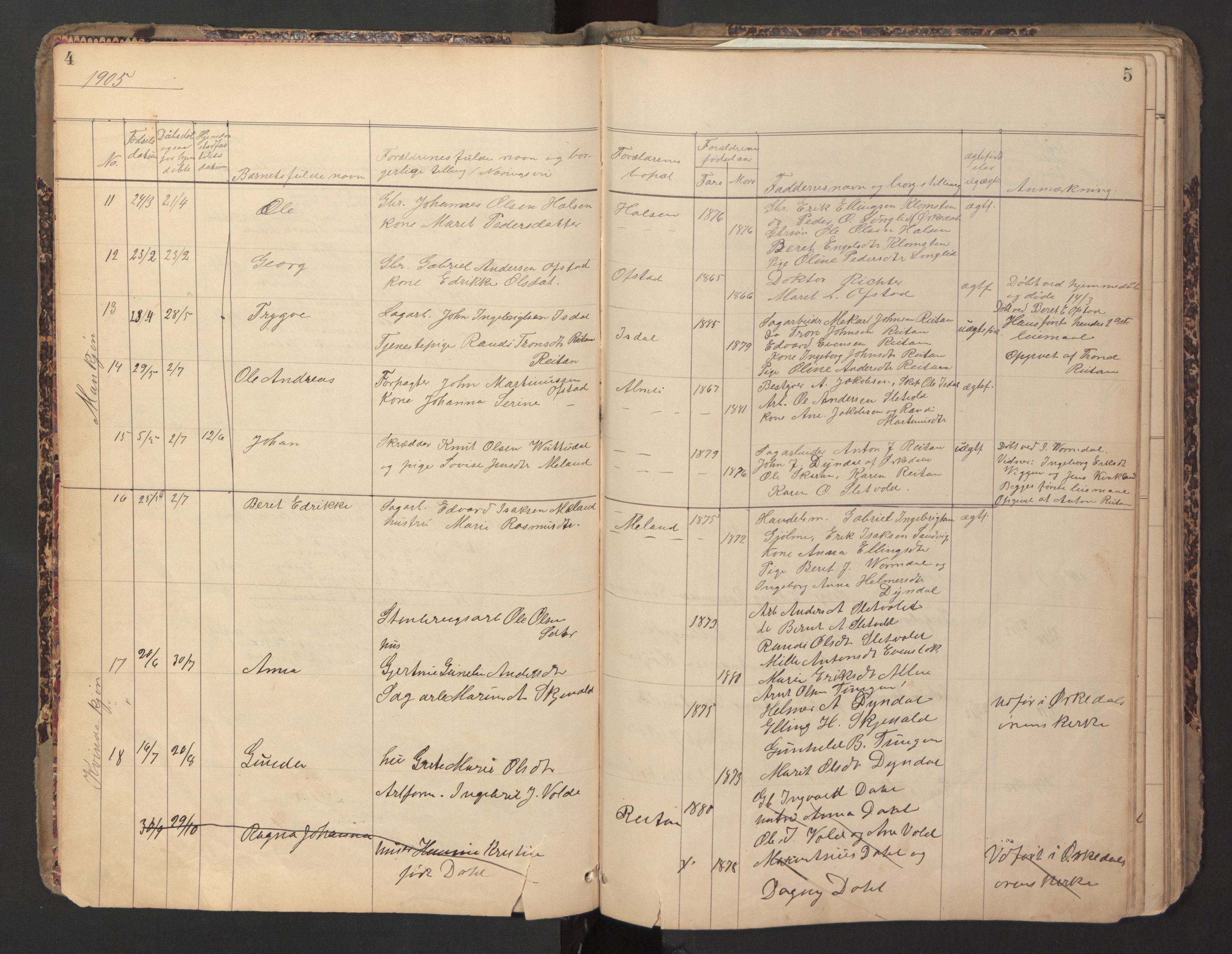 Ministerialprotokoller, klokkerbøker og fødselsregistre - Sør-Trøndelag, SAT/A-1456/670/L0837: Parish register (copy) no. 670C01, 1905-1946, p. 4-5