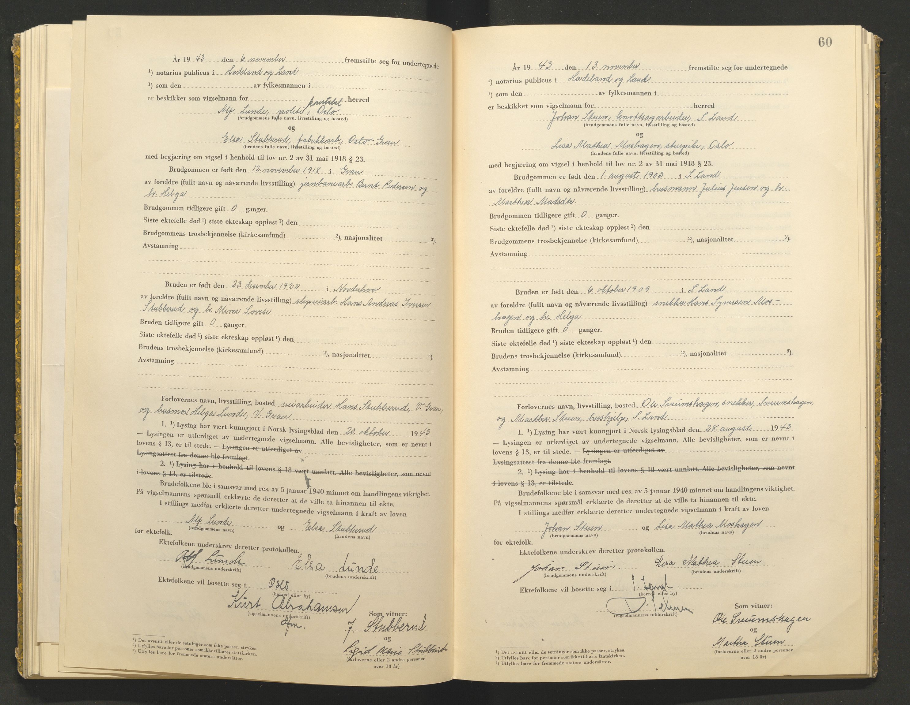 Hadeland og Land tingrett, AV/SAH-TING-010/L/Lb/L0002: Vigselbok, 1943-1944, p. 60