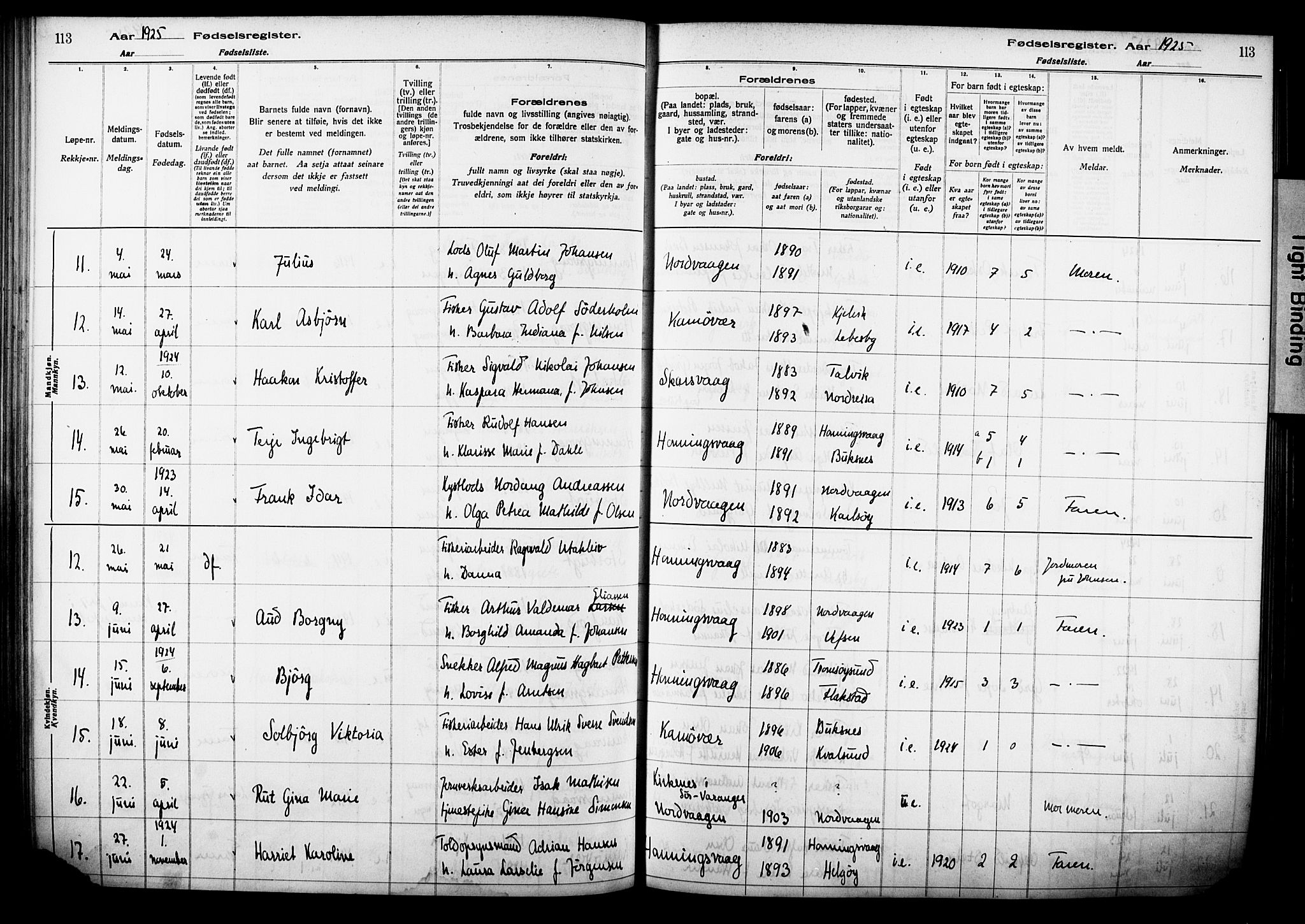 Kjelvik/Nordkapp sokneprestkontor, AV/SATØ-S-1350/I/Ia/L0015: Birth register no. 15, 1916-1930, p. 113