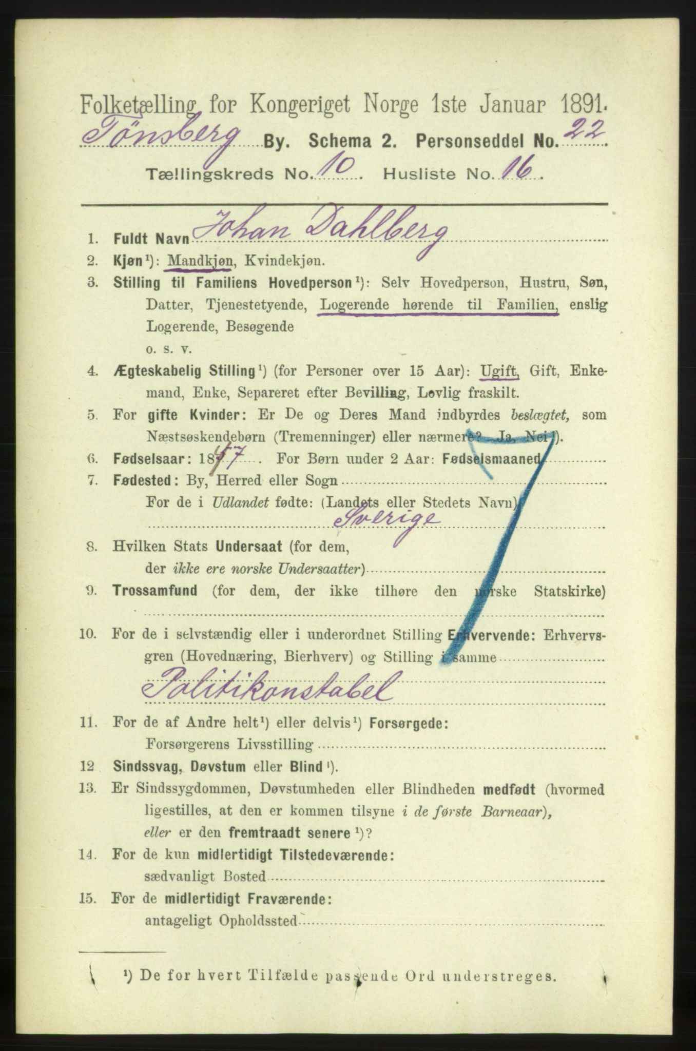 RA, 1891 census for 0705 Tønsberg, 1891, p. 3843