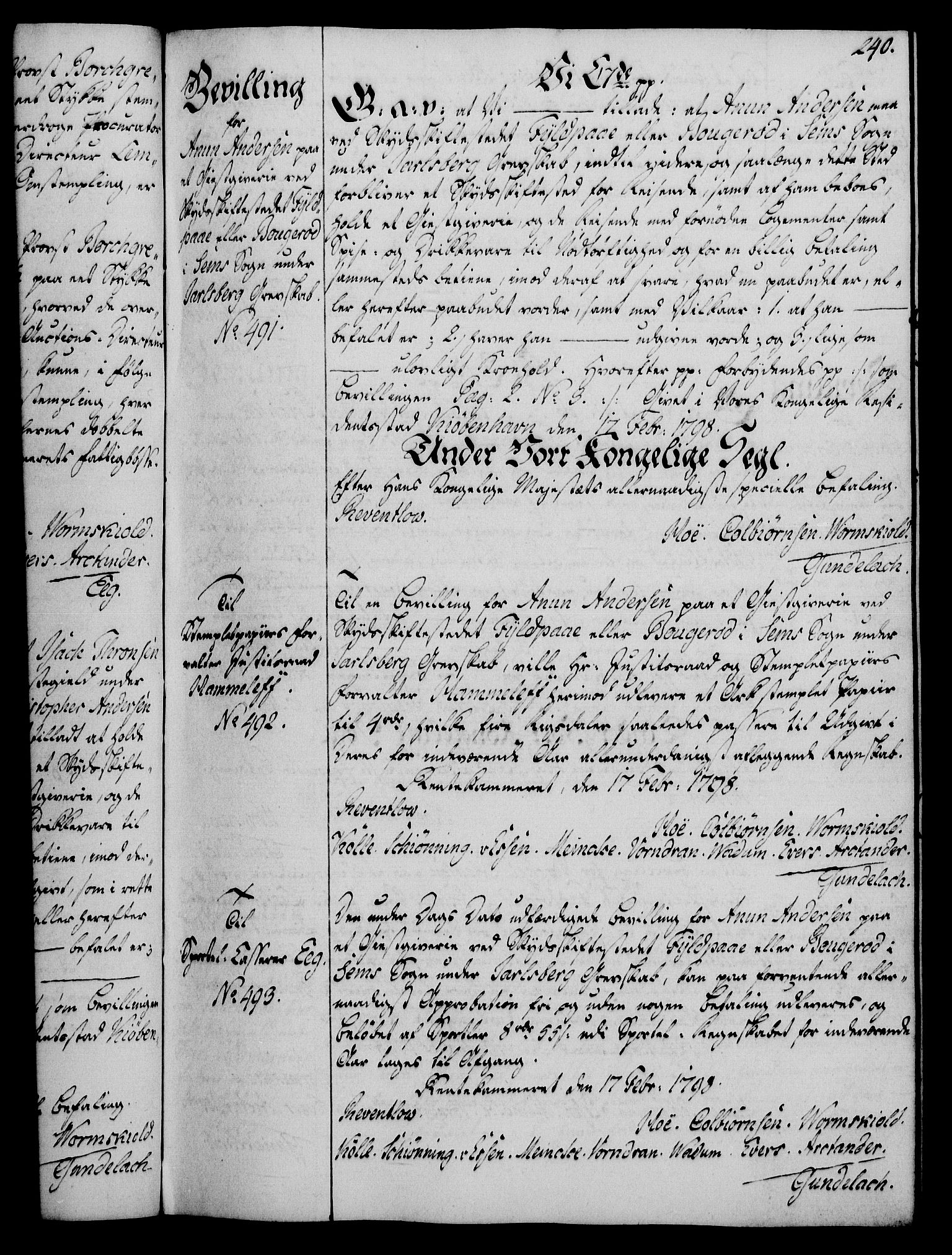 Rentekammeret, Kammerkanselliet, AV/RA-EA-3111/G/Gg/Gga/L0016: Norsk ekspedisjonsprotokoll med register (merket RK 53.16), 1794-1800, p. 240