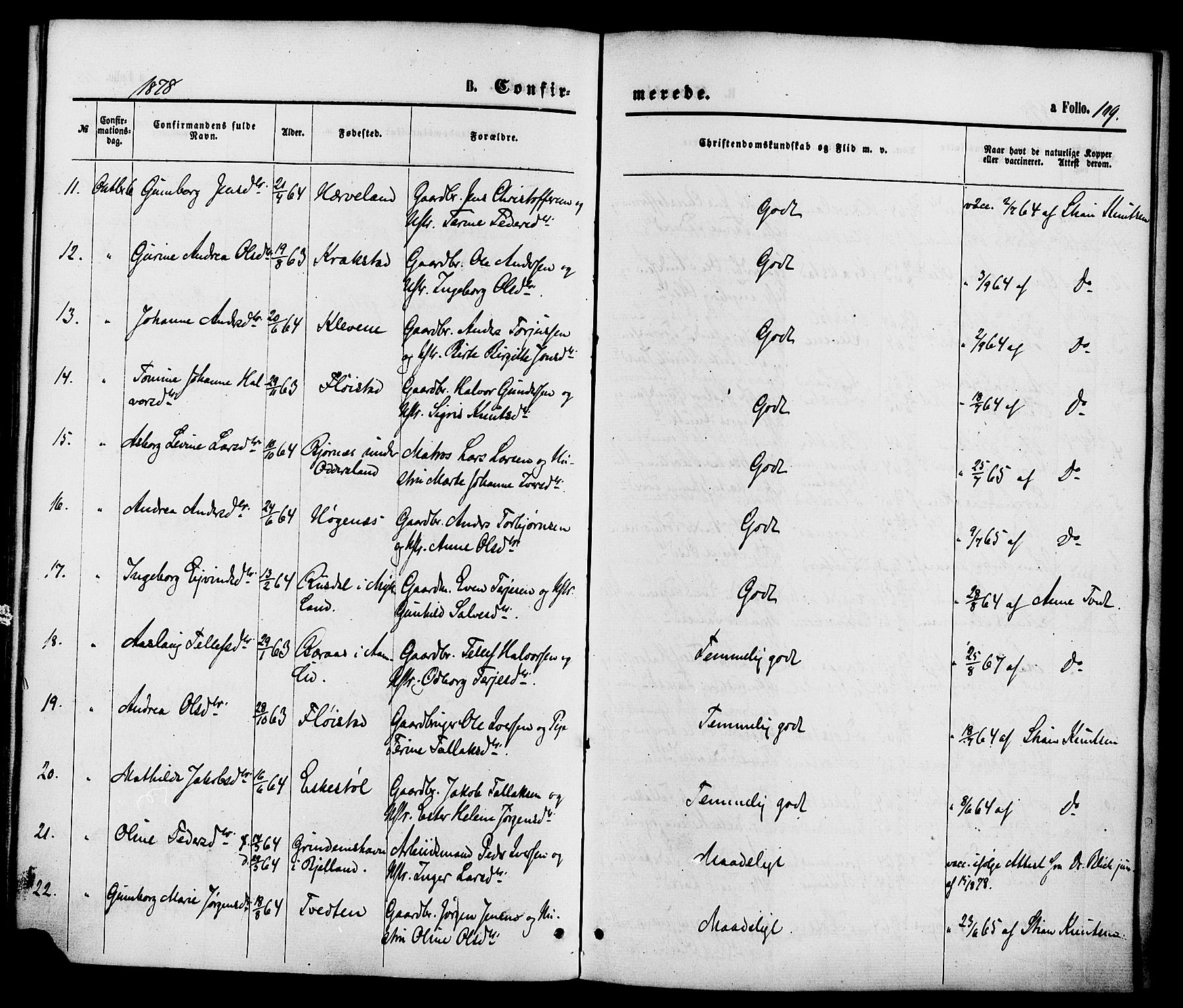 Austre Moland sokneprestkontor, AV/SAK-1111-0001/F/Fa/Faa/L0009: Parish register (official) no. A 9, 1869-1879, p. 109