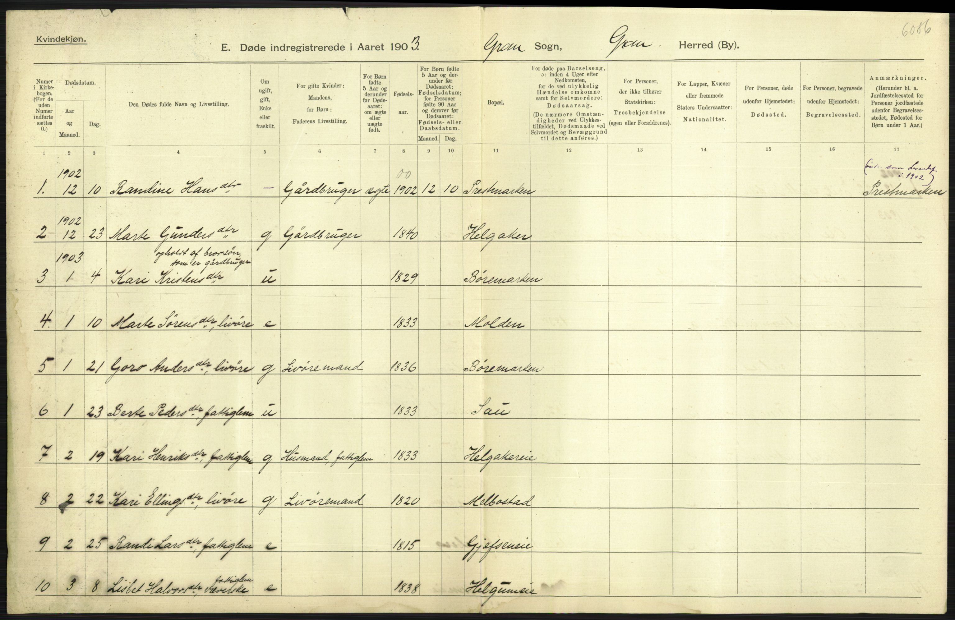 Statistisk sentralbyrå, Sosiodemografiske emner, Befolkning, AV/RA-S-2228/D/Df/Dfa/Dfaa/L0006: Kristians amt: Fødte, gifte, døde, 1903, p. 585