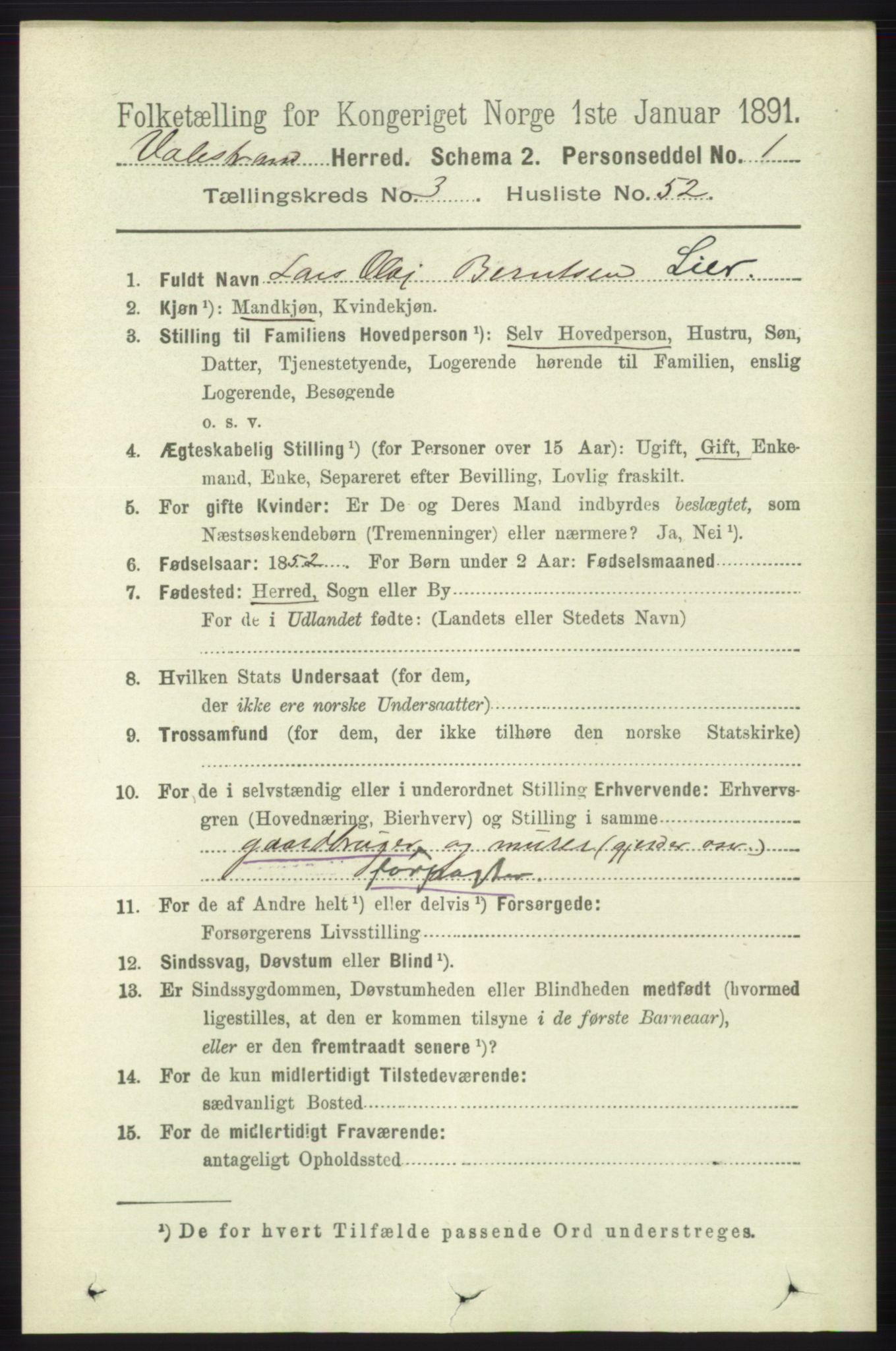 RA, 1891 census for 1217 Valestrand, 1891, p. 822