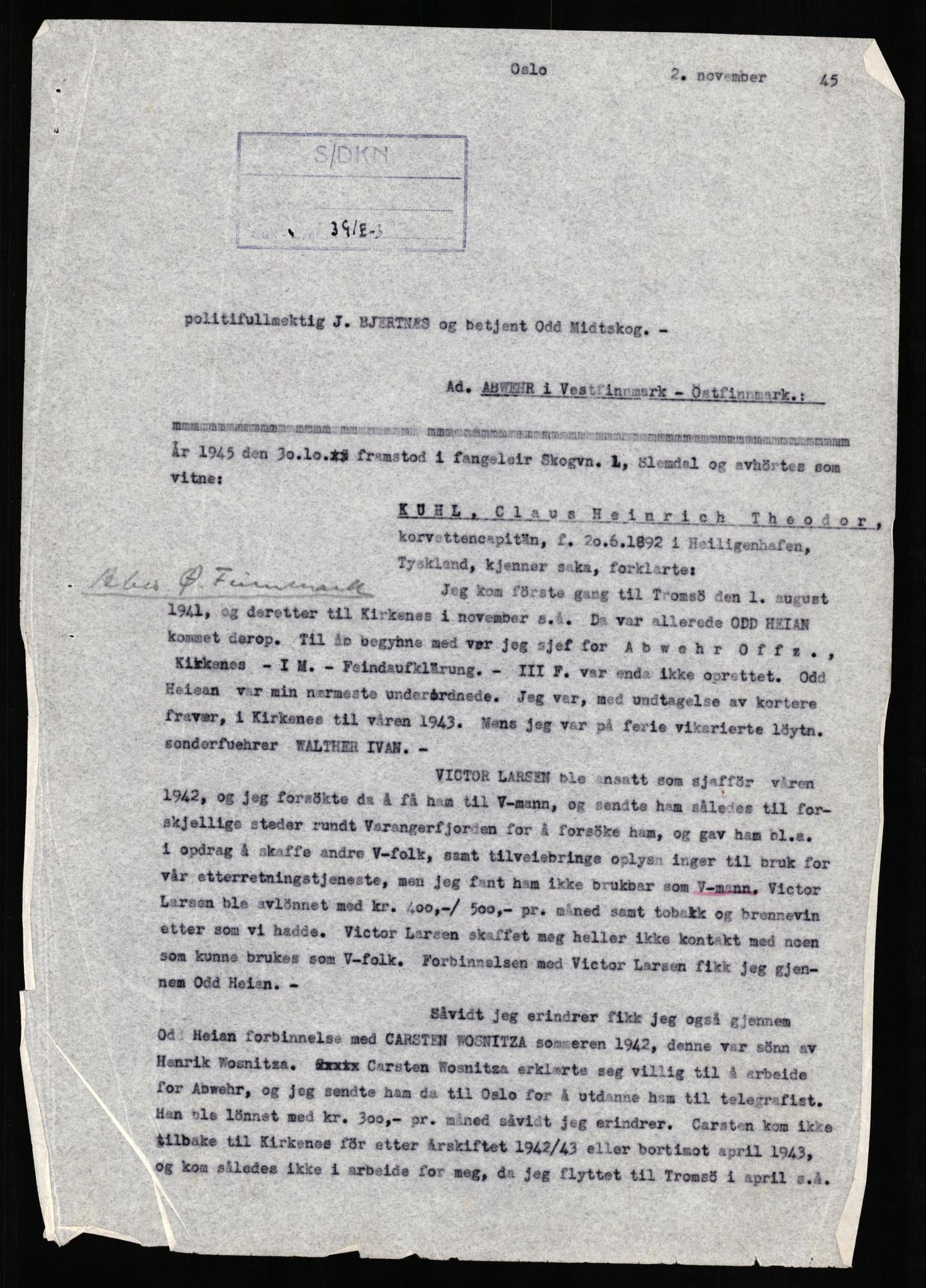 Forsvaret, Forsvarets overkommando II, AV/RA-RAFA-3915/D/Db/L0019: CI Questionaires. Tyske okkupasjonsstyrker i Norge. Tyskere., 1945-1946, p. 31
