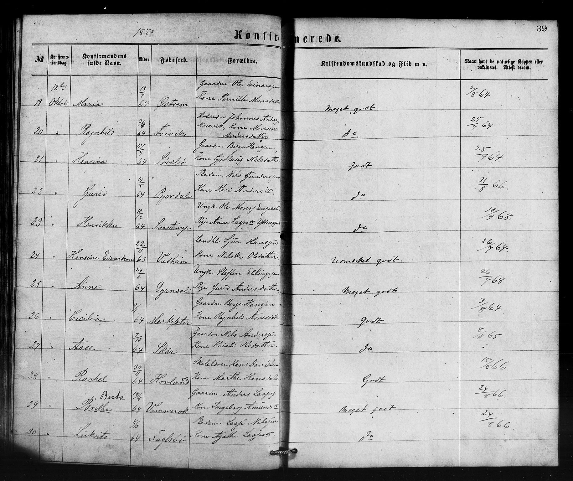 Lavik sokneprestembete, AV/SAB-A-80901: Parish register (copy) no. B 2, 1870-1881, p. 39