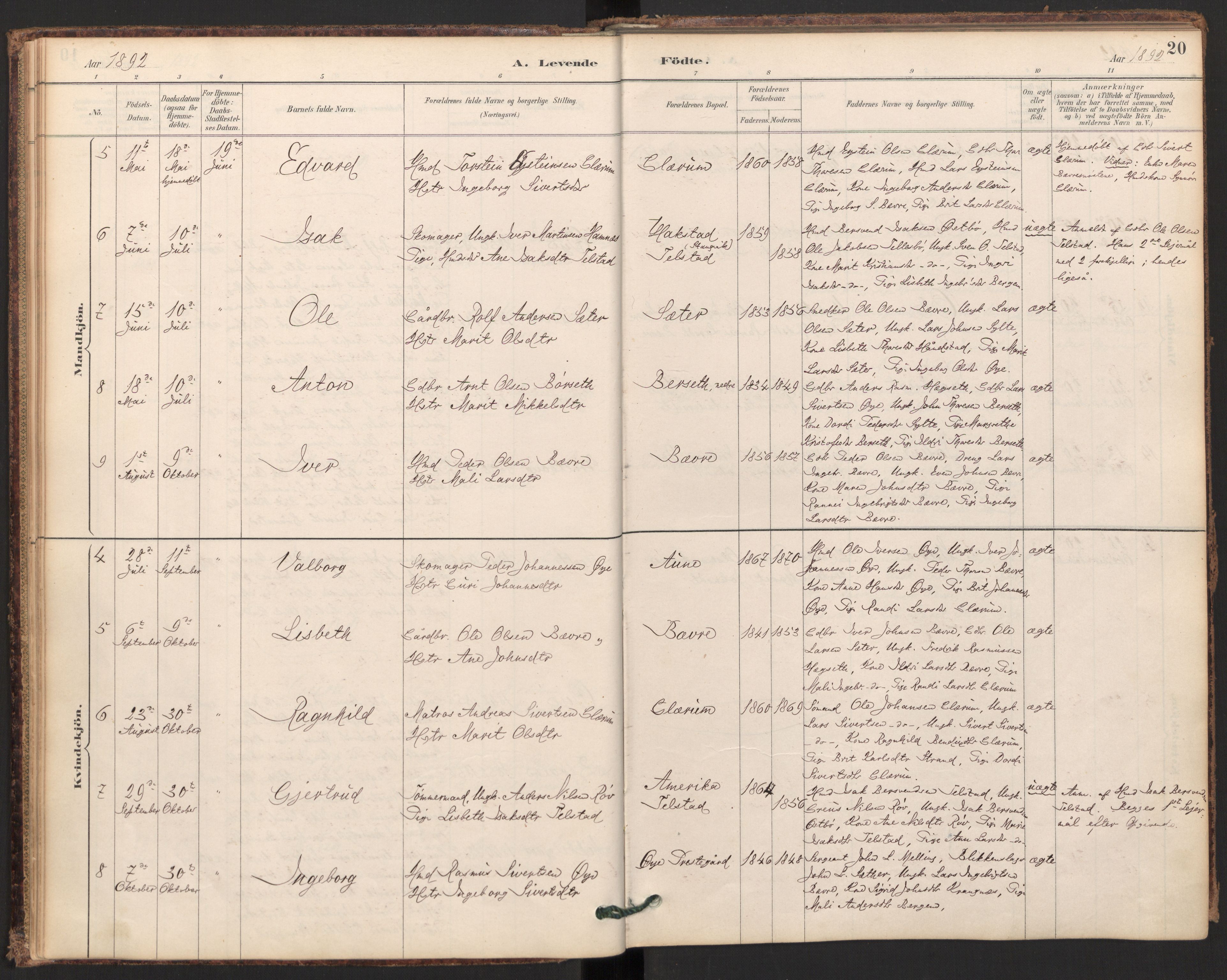 Ministerialprotokoller, klokkerbøker og fødselsregistre - Møre og Romsdal, SAT/A-1454/595/L1047: Parish register (official) no. 595A09, 1885-1900, p. 20