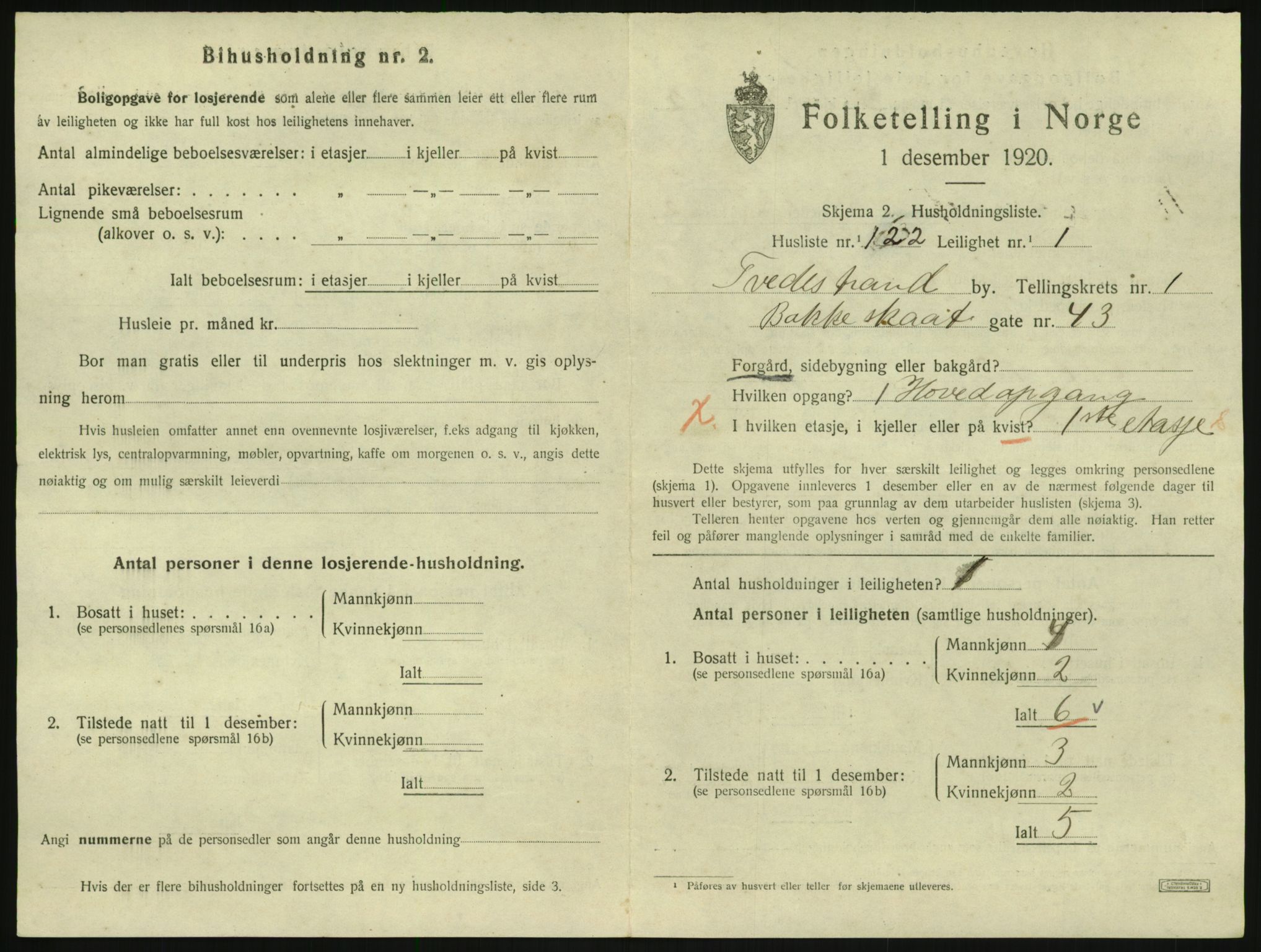 SAK, 1920 census for Tvedestrand, 1920, p. 909