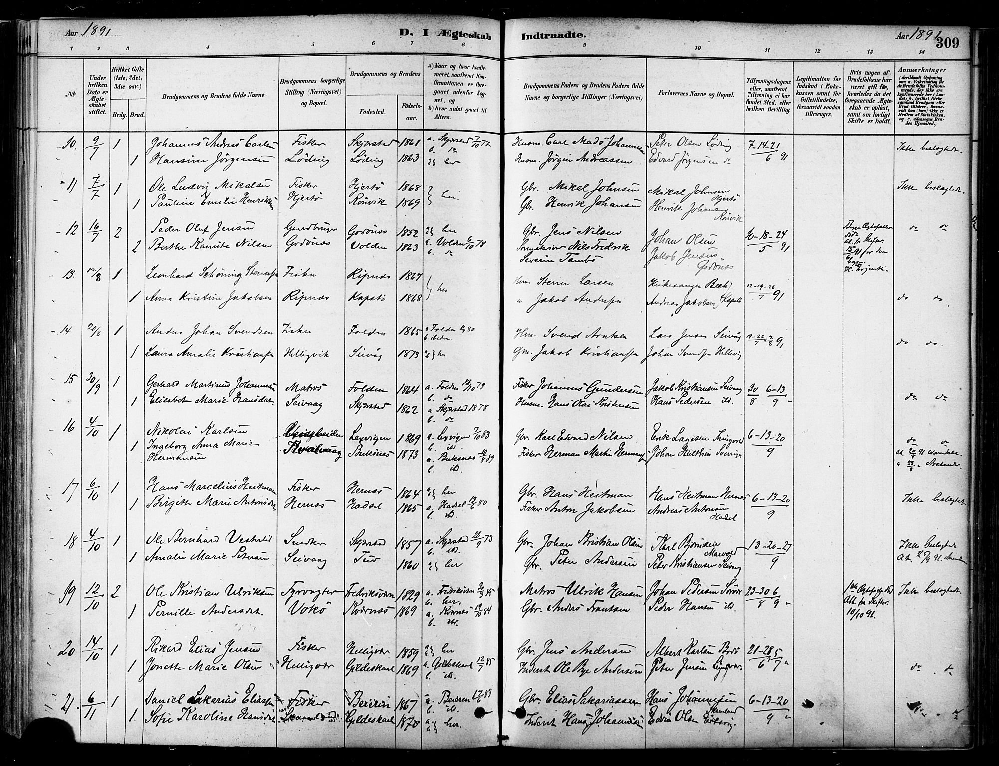 Ministerialprotokoller, klokkerbøker og fødselsregistre - Nordland, SAT/A-1459/802/L0054: Parish register (official) no. 802A01, 1879-1893, p. 309