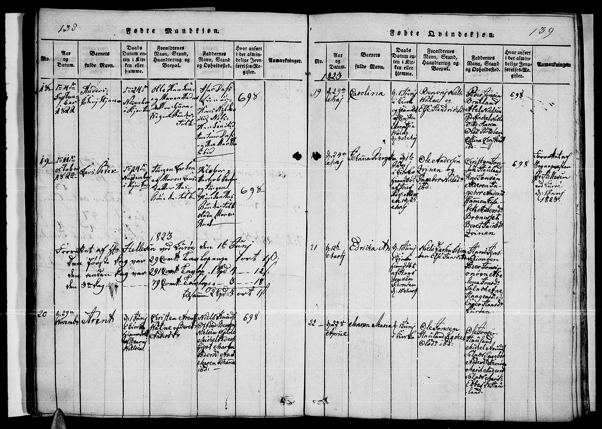 Ministerialprotokoller, klokkerbøker og fødselsregistre - Nordland, SAT/A-1459/841/L0593: Parish register (official) no. 841A04 /3, 1820-1825, p. 138-139