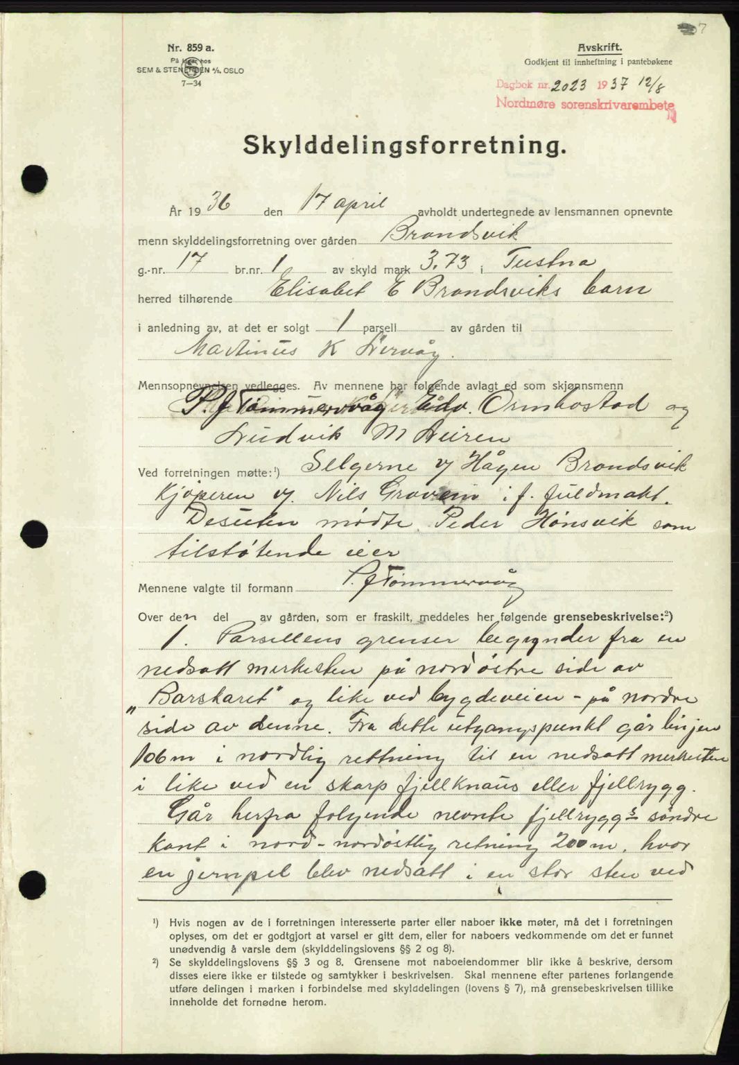 Nordmøre sorenskriveri, AV/SAT-A-4132/1/2/2Ca: Mortgage book no. A82, 1937-1938, Diary no: : 2023/1937