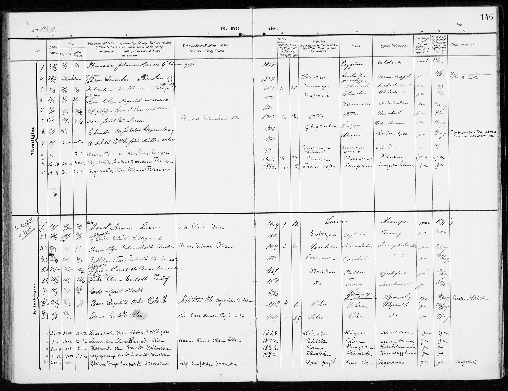 Sel prestekontor, SAH/PREST-074/H/Ha/Haa/L0002: Parish register (official) no. 2, 1905-1919, p. 146