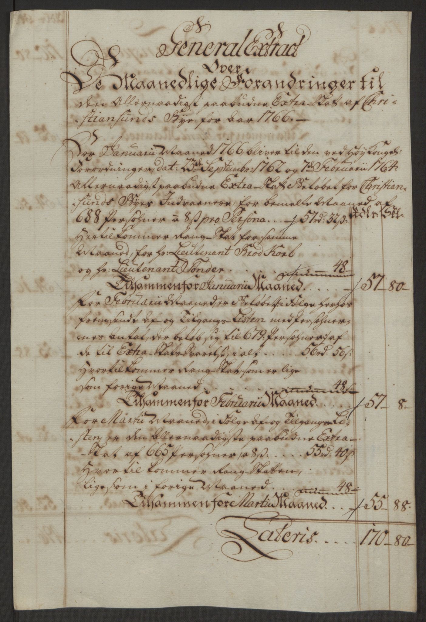 Rentekammeret inntil 1814, Reviderte regnskaper, Byregnskaper, AV/RA-EA-4066/R/Rr/L0495/0004: [R1] Kontribusjonsregnskap / Ekstraskatt, 1762-1772, p. 95