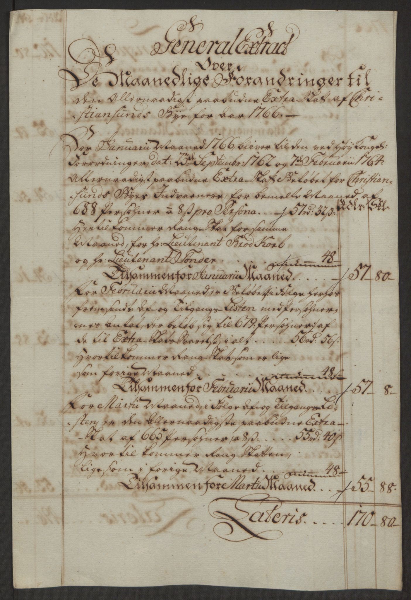 Rentekammeret inntil 1814, Reviderte regnskaper, Byregnskaper, RA/EA-4066/R/Rr/L0495/0004: [R1] Kontribusjonsregnskap / Ekstraskatt, 1762-1772, p. 95