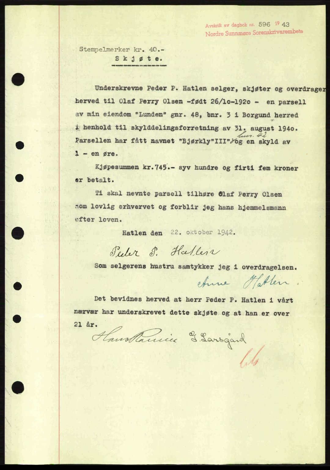 Nordre Sunnmøre sorenskriveri, AV/SAT-A-0006/1/2/2C/2Ca: Mortgage book no. A15, 1942-1943, Diary no: : 596/1943