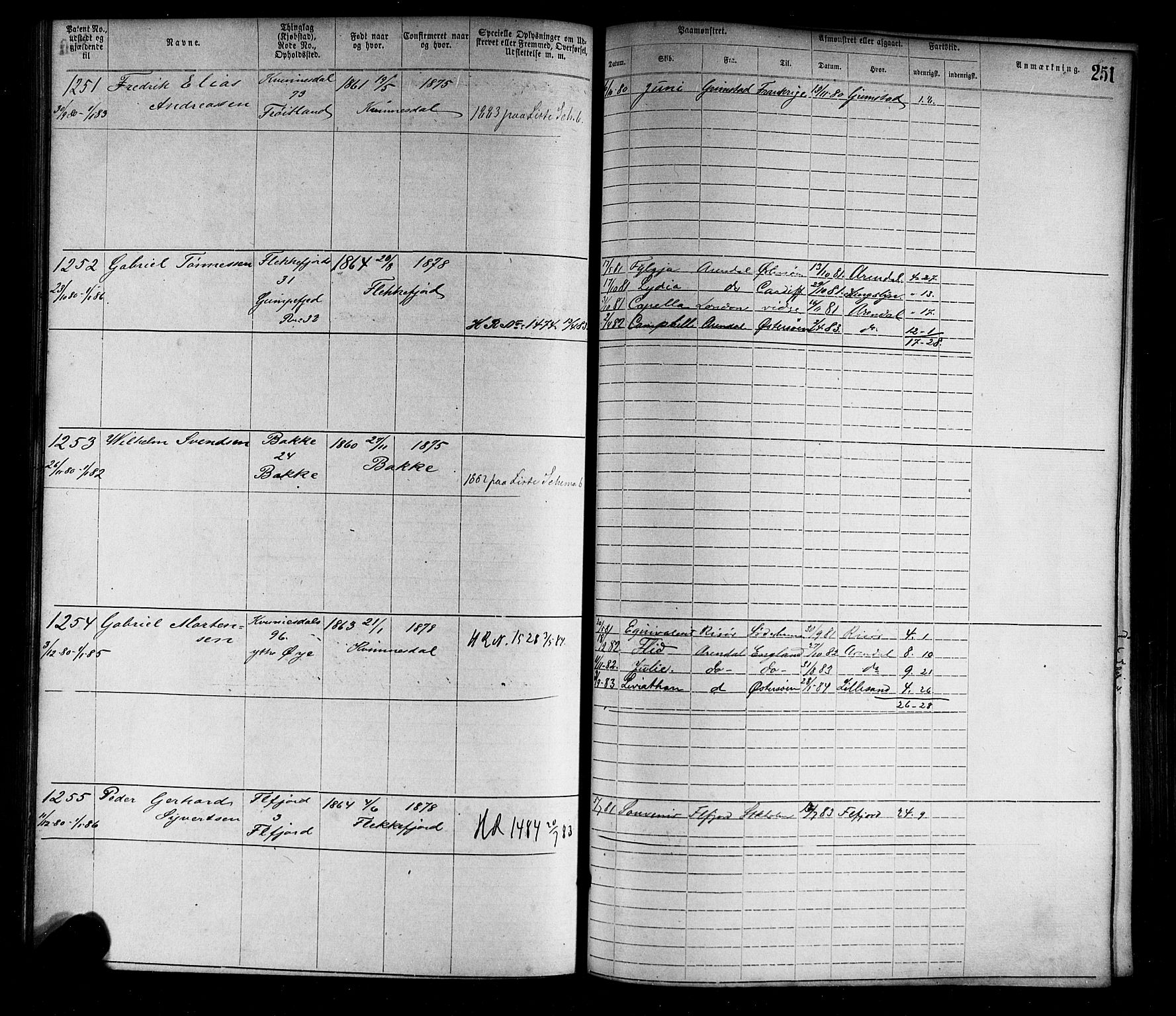 Flekkefjord mønstringskrets, SAK/2031-0018/F/Fa/L0002: Annotasjonsrulle nr 1-1920 med register, N-2, 1870-1891, p. 279