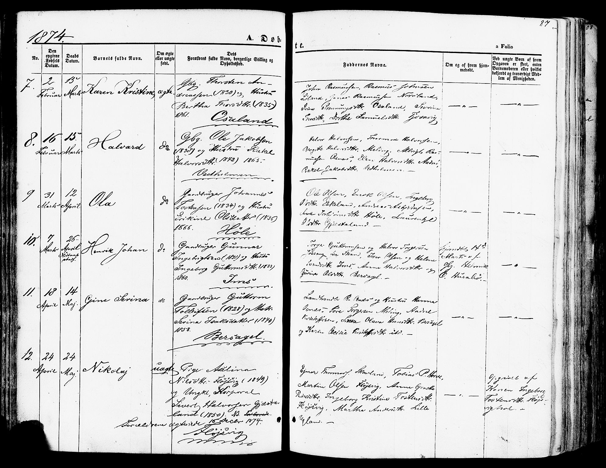 Høgsfjord sokneprestkontor, SAST/A-101624/H/Ha/Haa/L0002: Parish register (official) no. A 2, 1855-1885, p. 87
