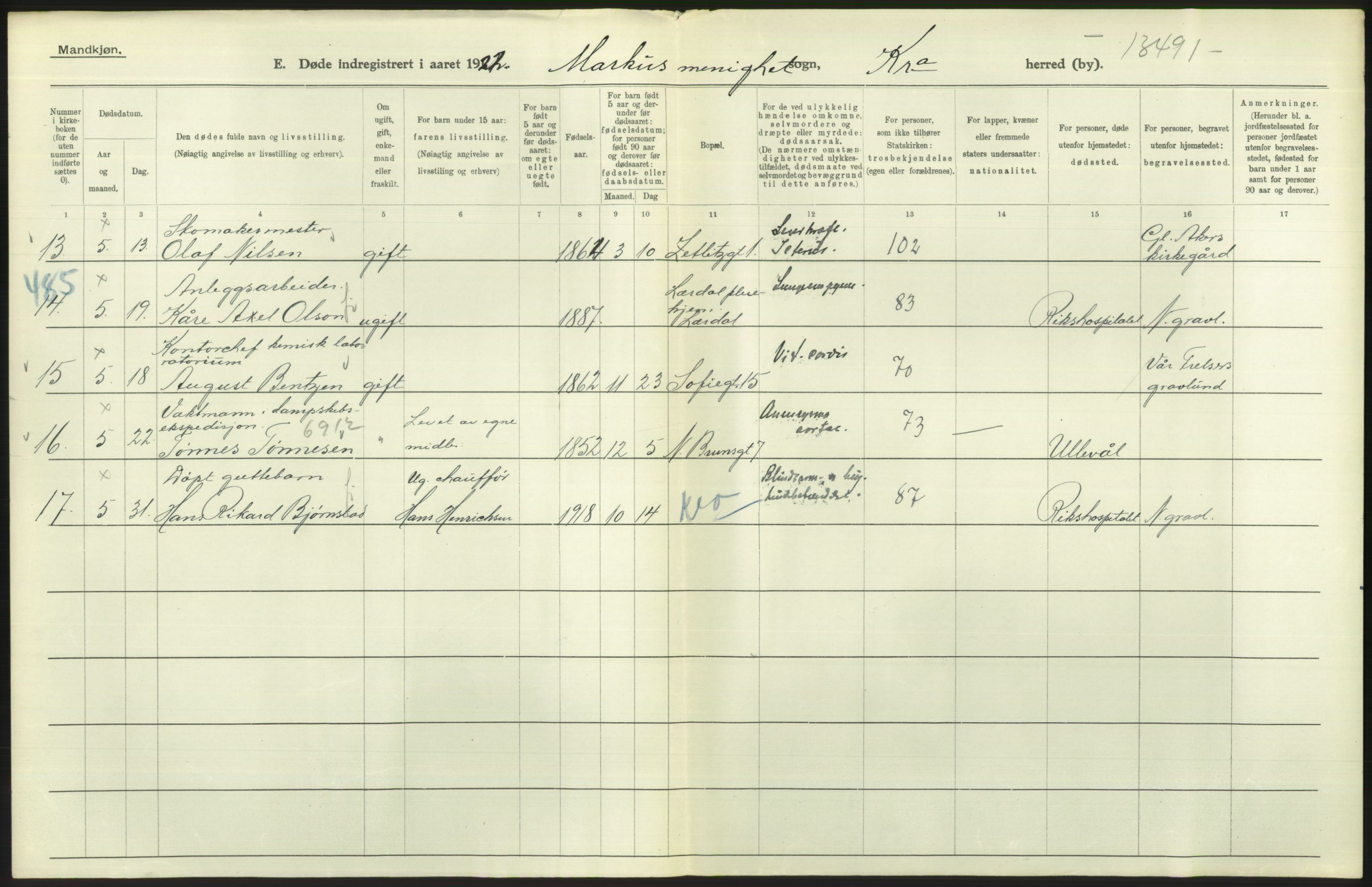 Statistisk sentralbyrå, Sosiodemografiske emner, Befolkning, AV/RA-S-2228/D/Df/Dfc/Dfcb/L0009: Kristiania: Døde, 1922, p. 474