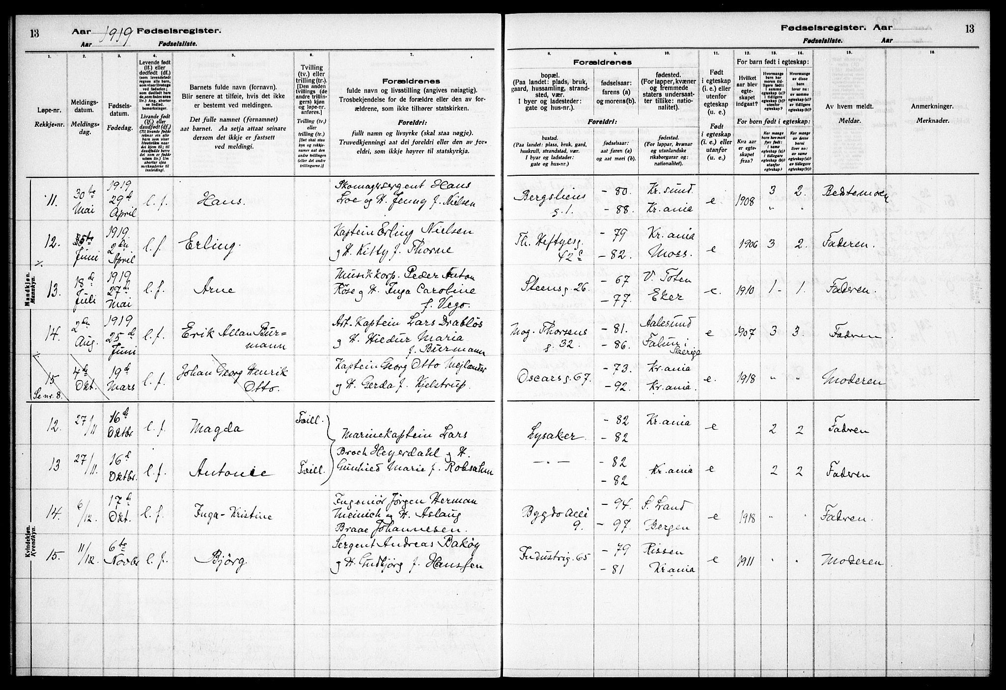 Garnisonsmenigheten Kirkebøker, AV/SAO-A-10846/J/Ja/L0001: Birth register no. 1, 1916-1938, p. 13