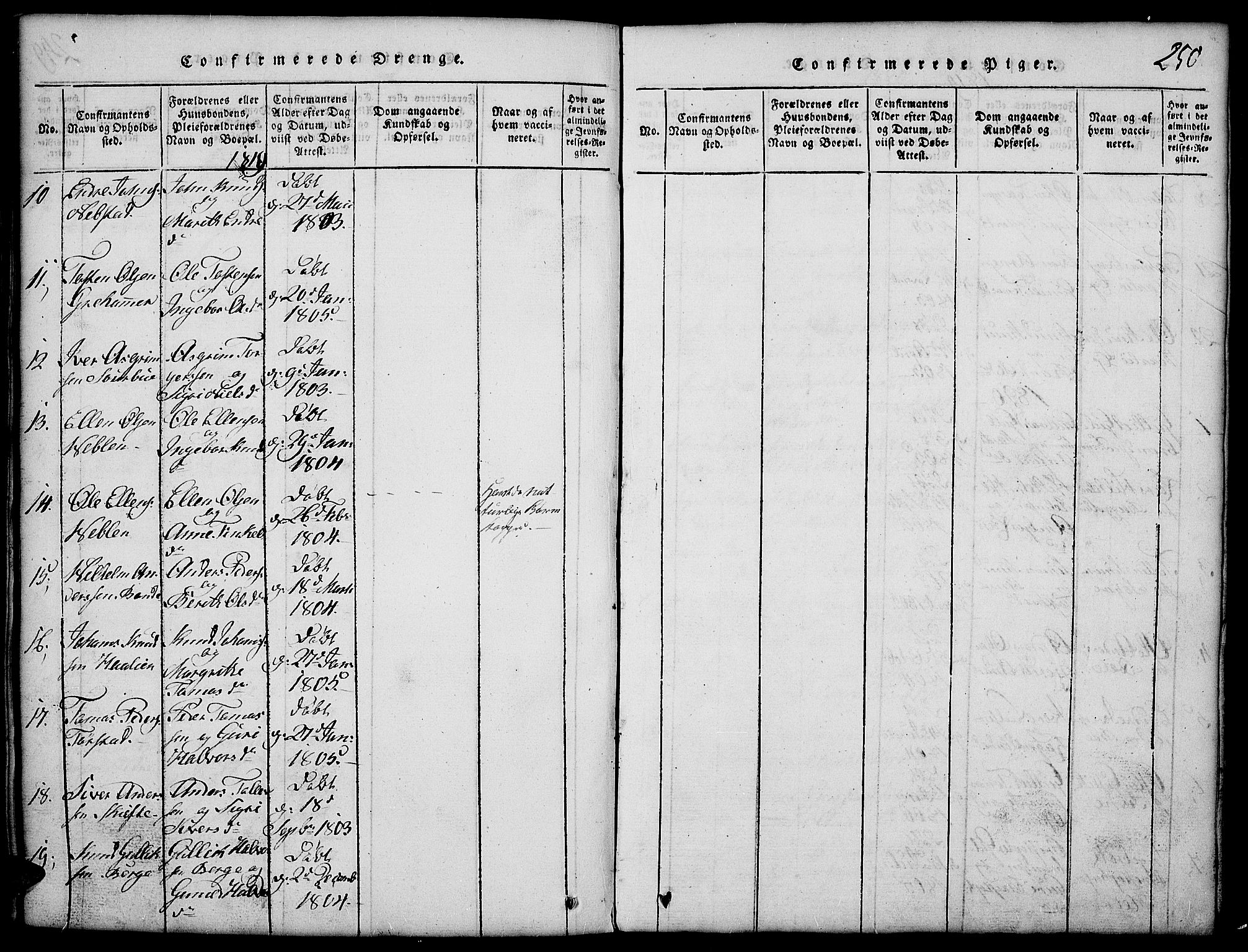 Vang prestekontor, Valdres, SAH/PREST-140/H/Hb/L0002: Parish register (copy) no. 2, 1814-1889, p. 250