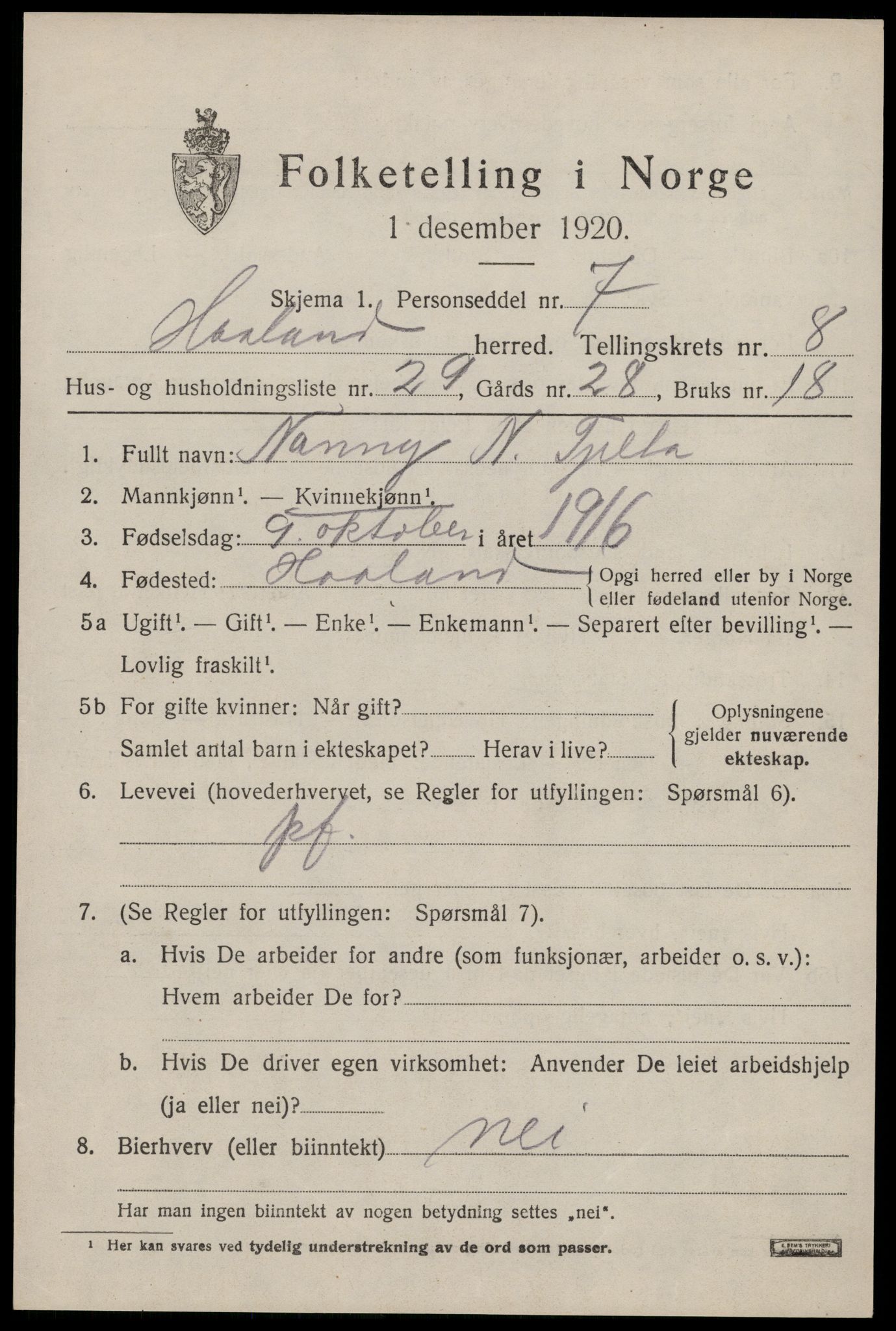 SAST, 1920 census for Håland, 1920, p. 6689