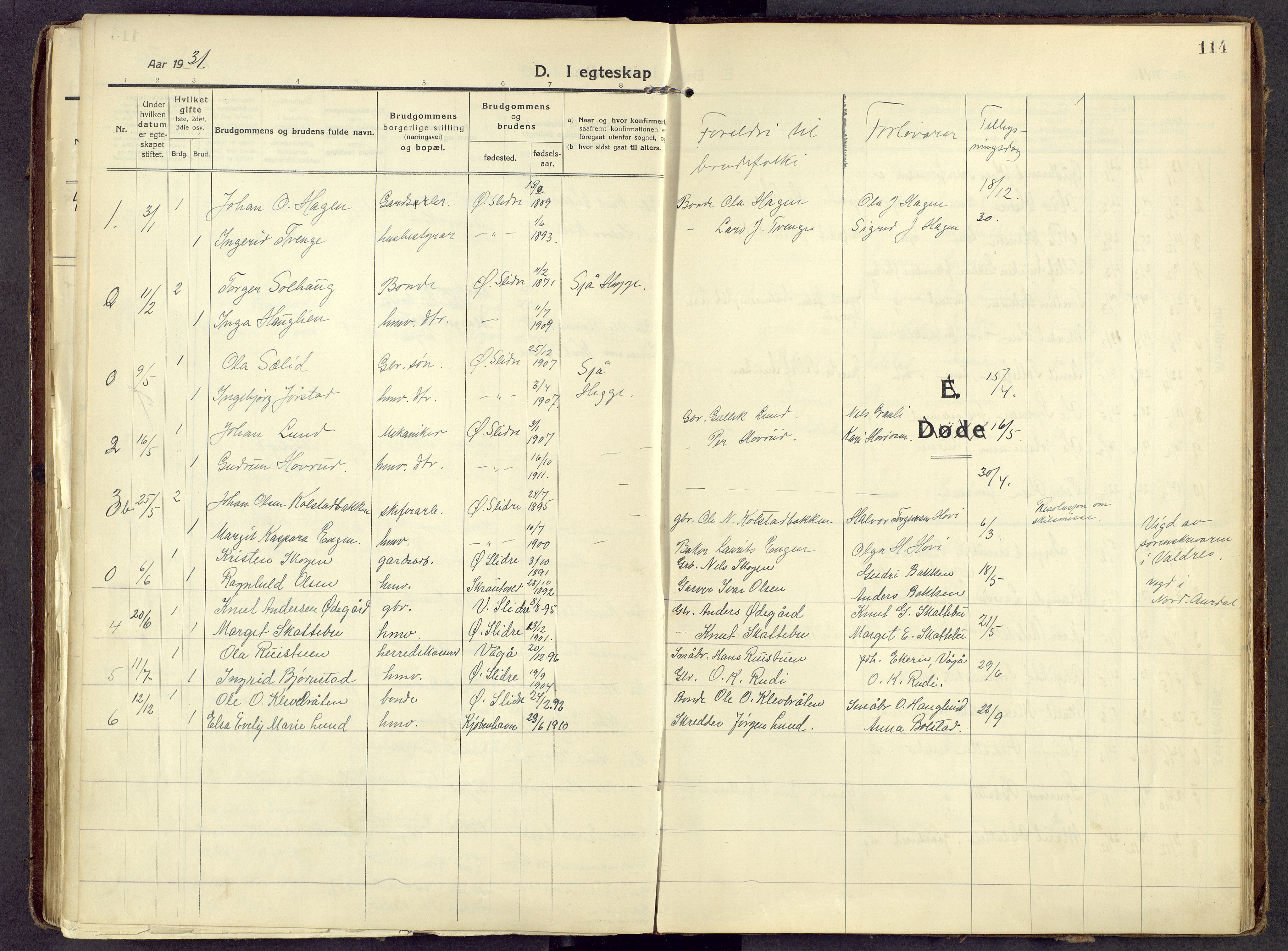 Øystre Slidre prestekontor, AV/SAH-PREST-138/H/Ha/Haa/L0006: Parish register (official) no. 6, 1911-1931, p. 114